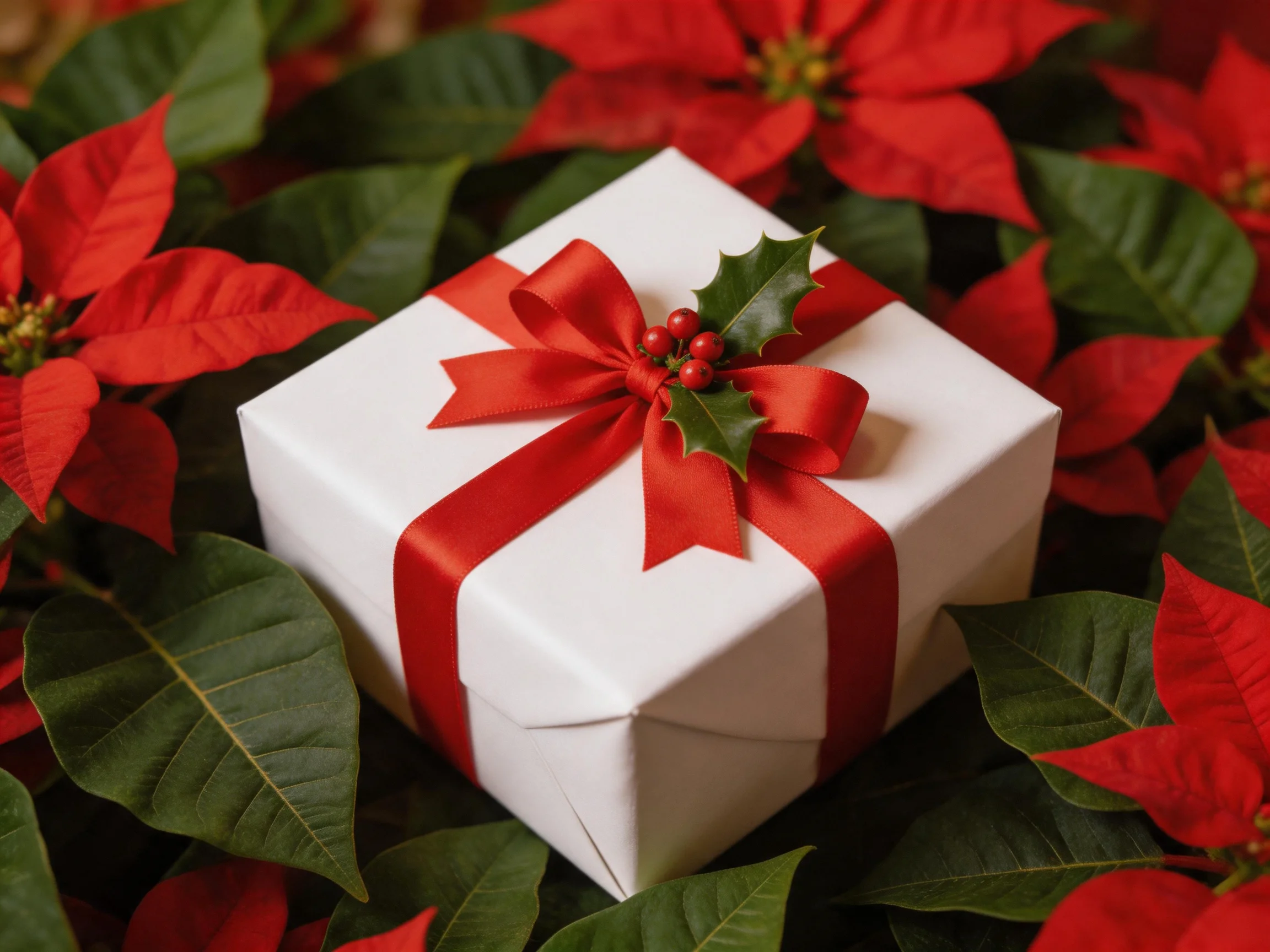 A white gift box with red ribbon surrounded by vibrant poinsettia flowers