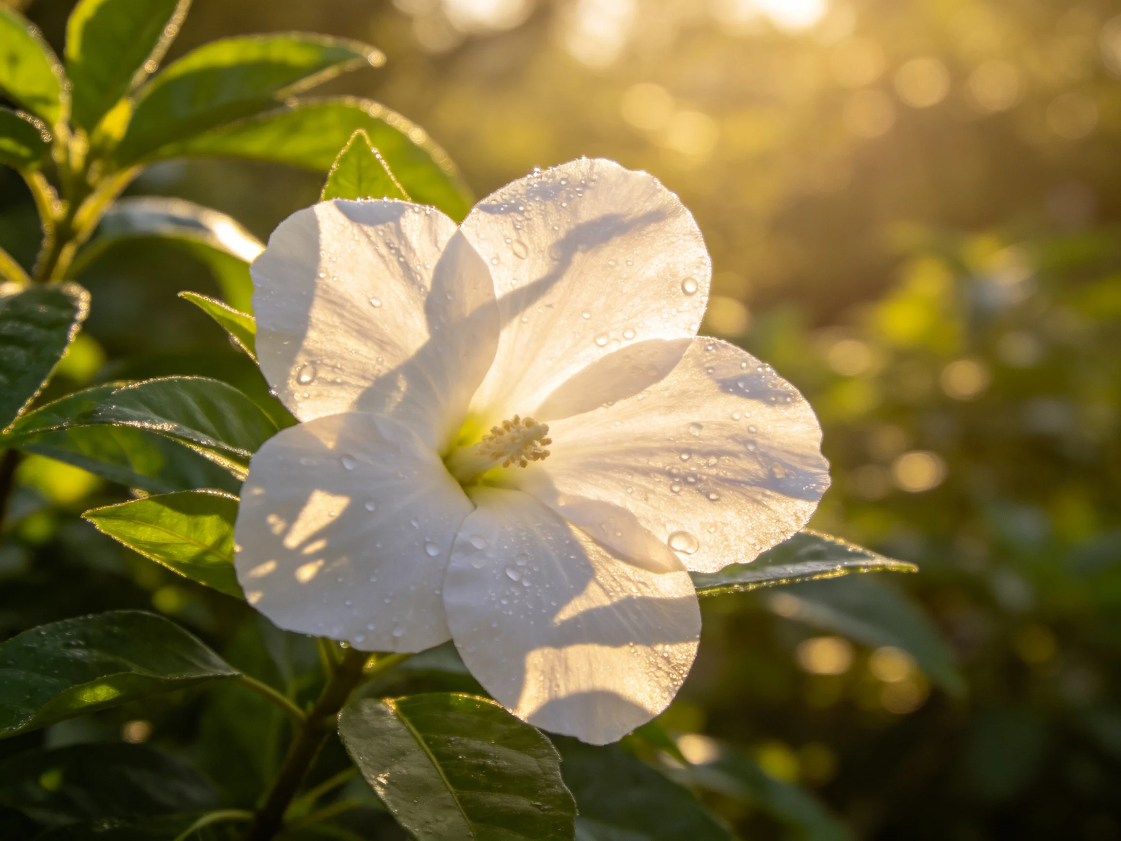 A white hibiscus flower with dewdrops in golden sunlight