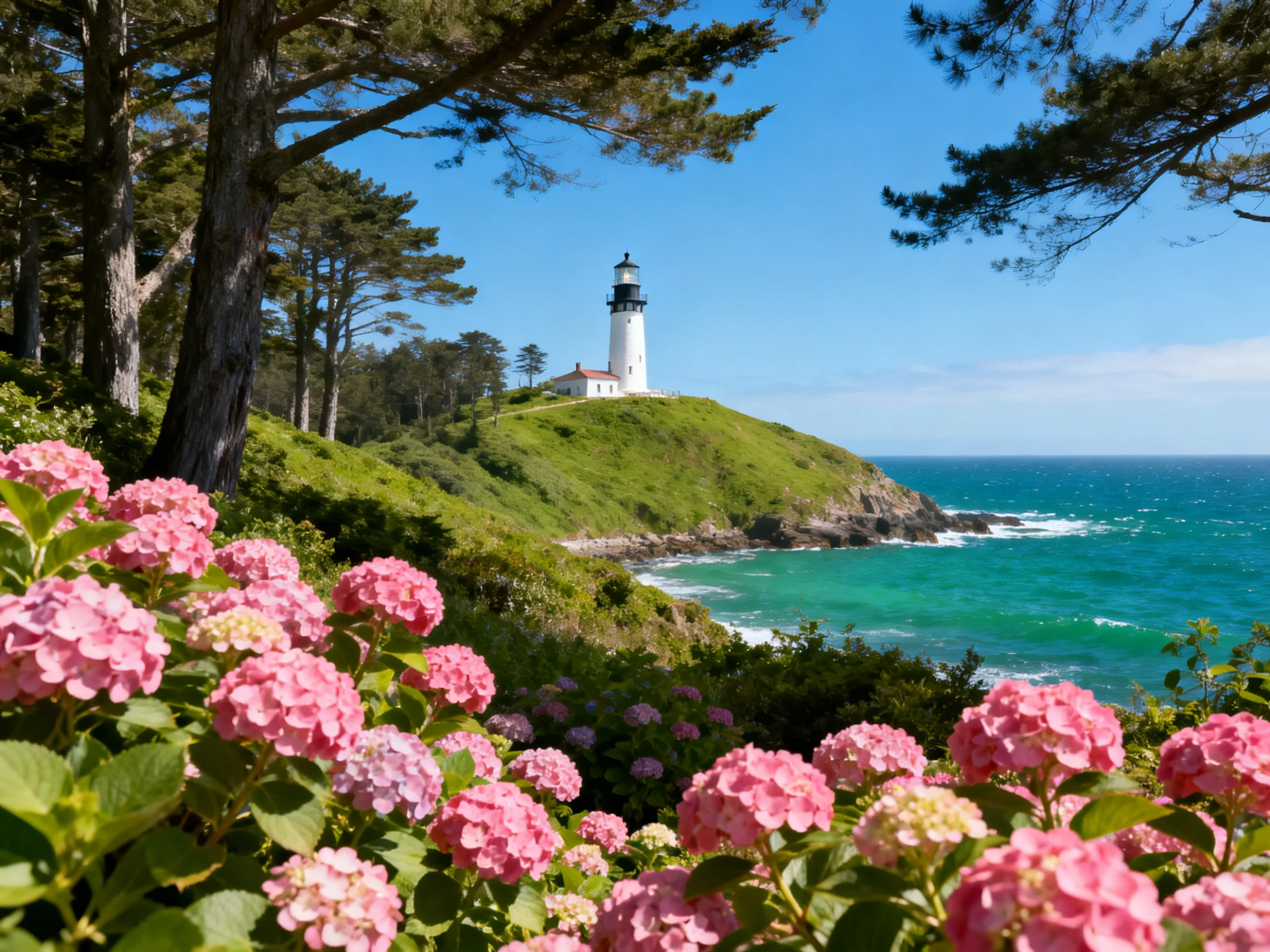 A white lighthouse atop a green cliff with pink flowersangeas