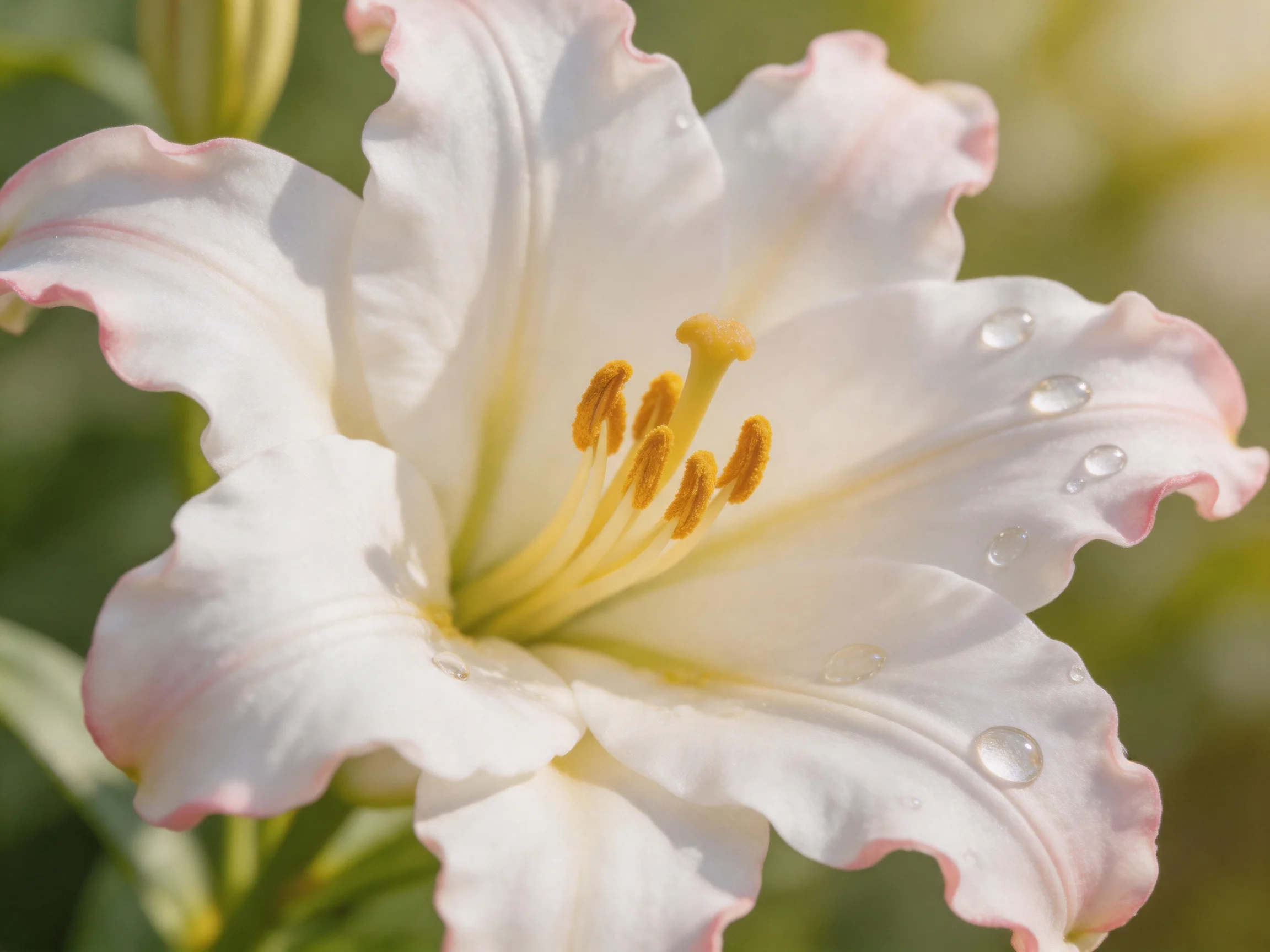 A white lily with pink-edged petals and water droplets