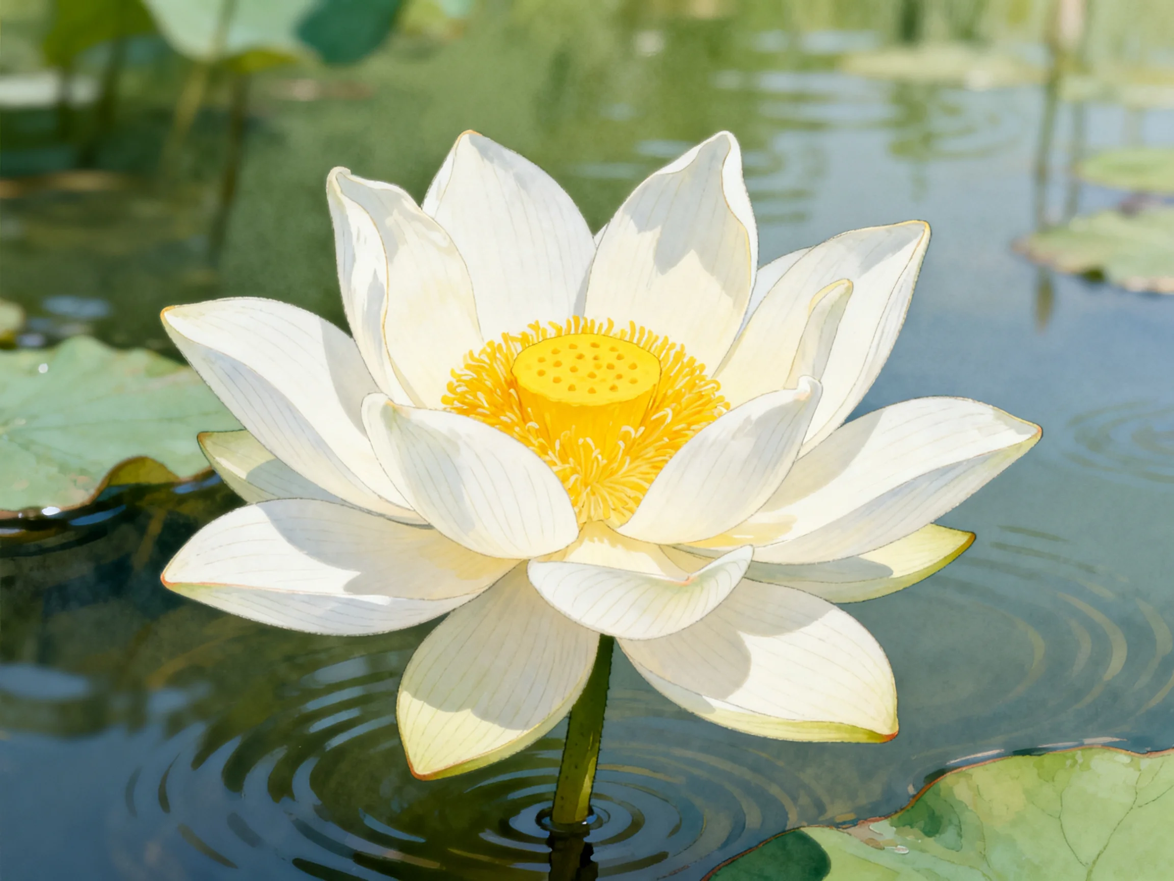 A white lotus flower blooms in calm pond water with green lily pads