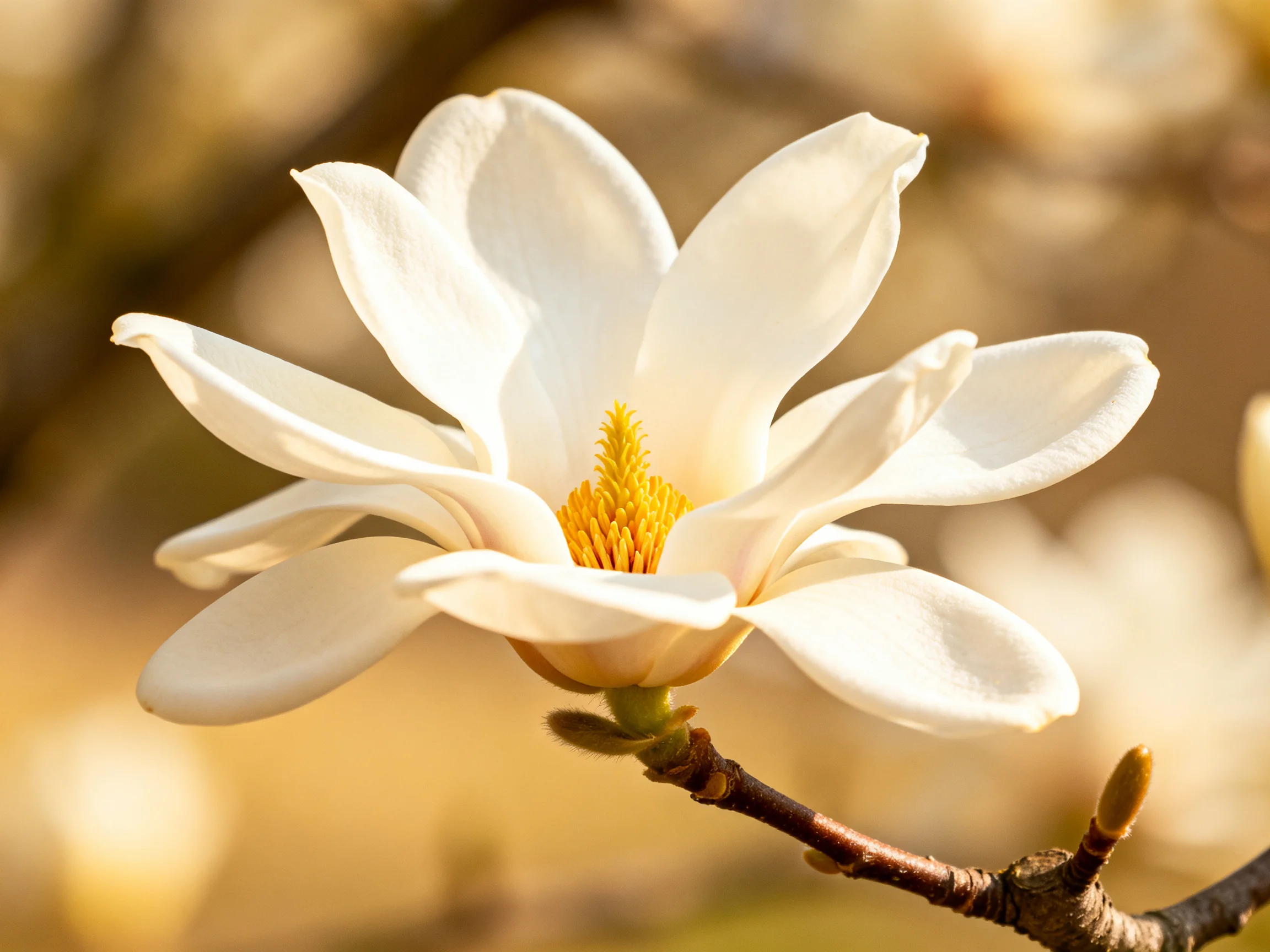 A white magnolia flower with golden center in soft focus