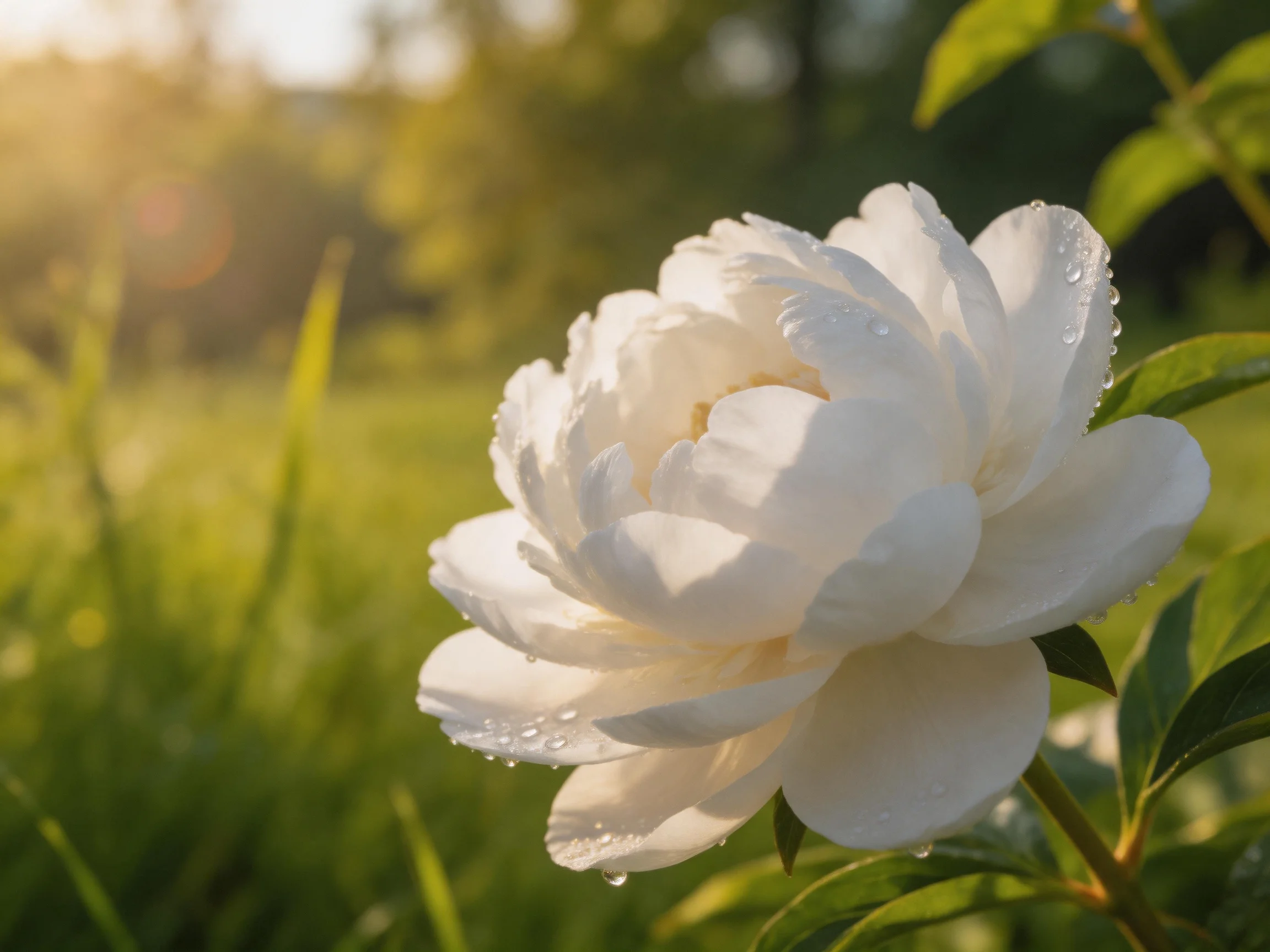 A white peony with dewdrops in a sunlit meadow