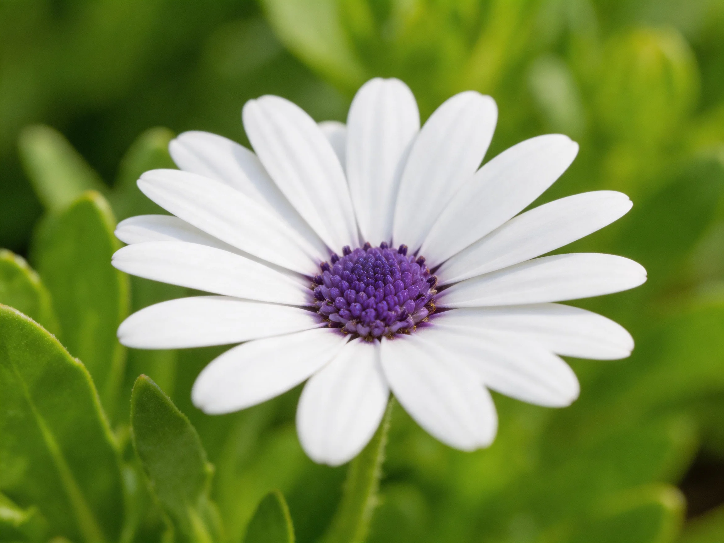 A white-petaled flower with vibrant purple center