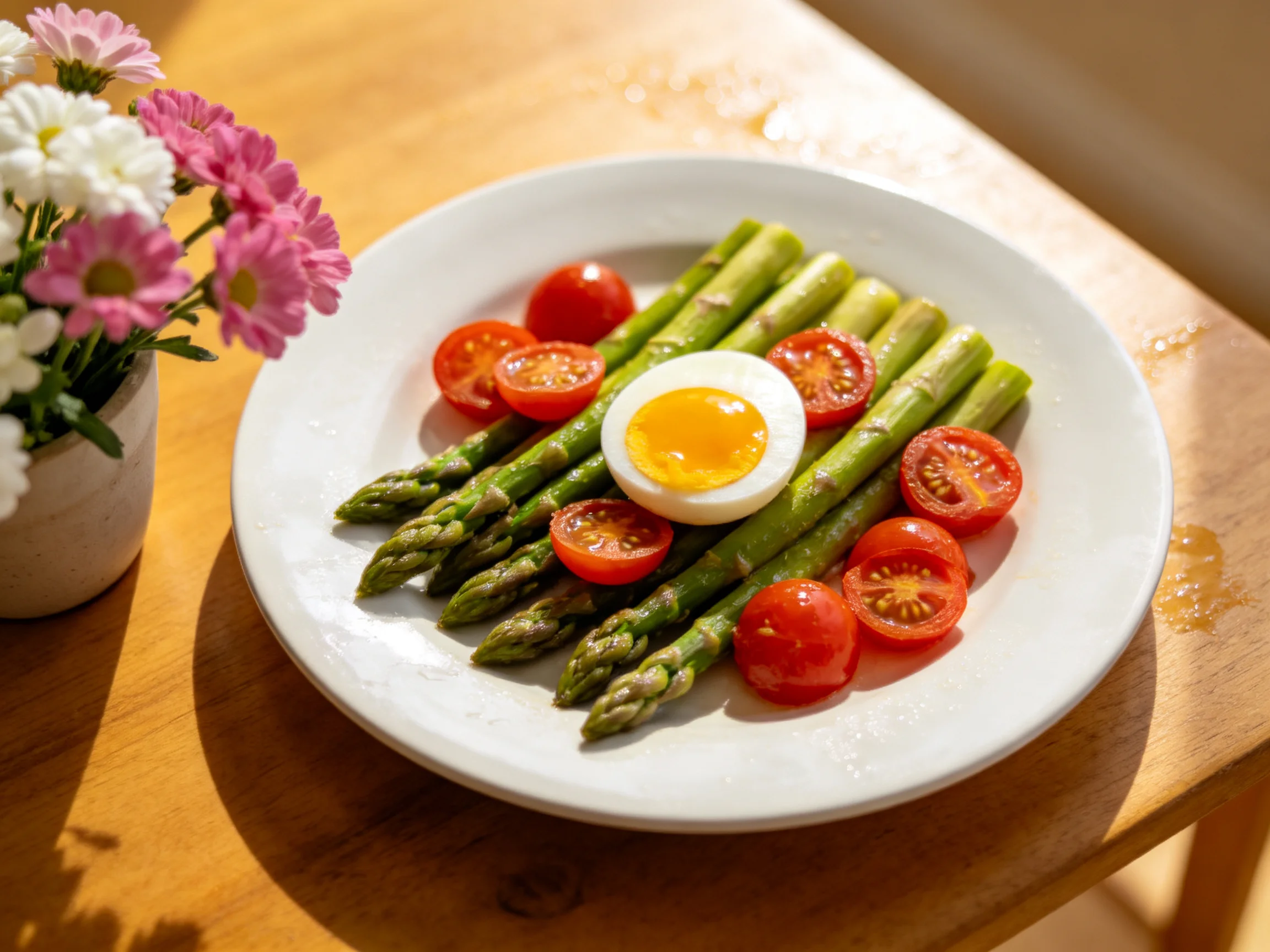 A white plate with green asparagus, red cherry tomatoes, and a soft-boiled egg near pink flowers