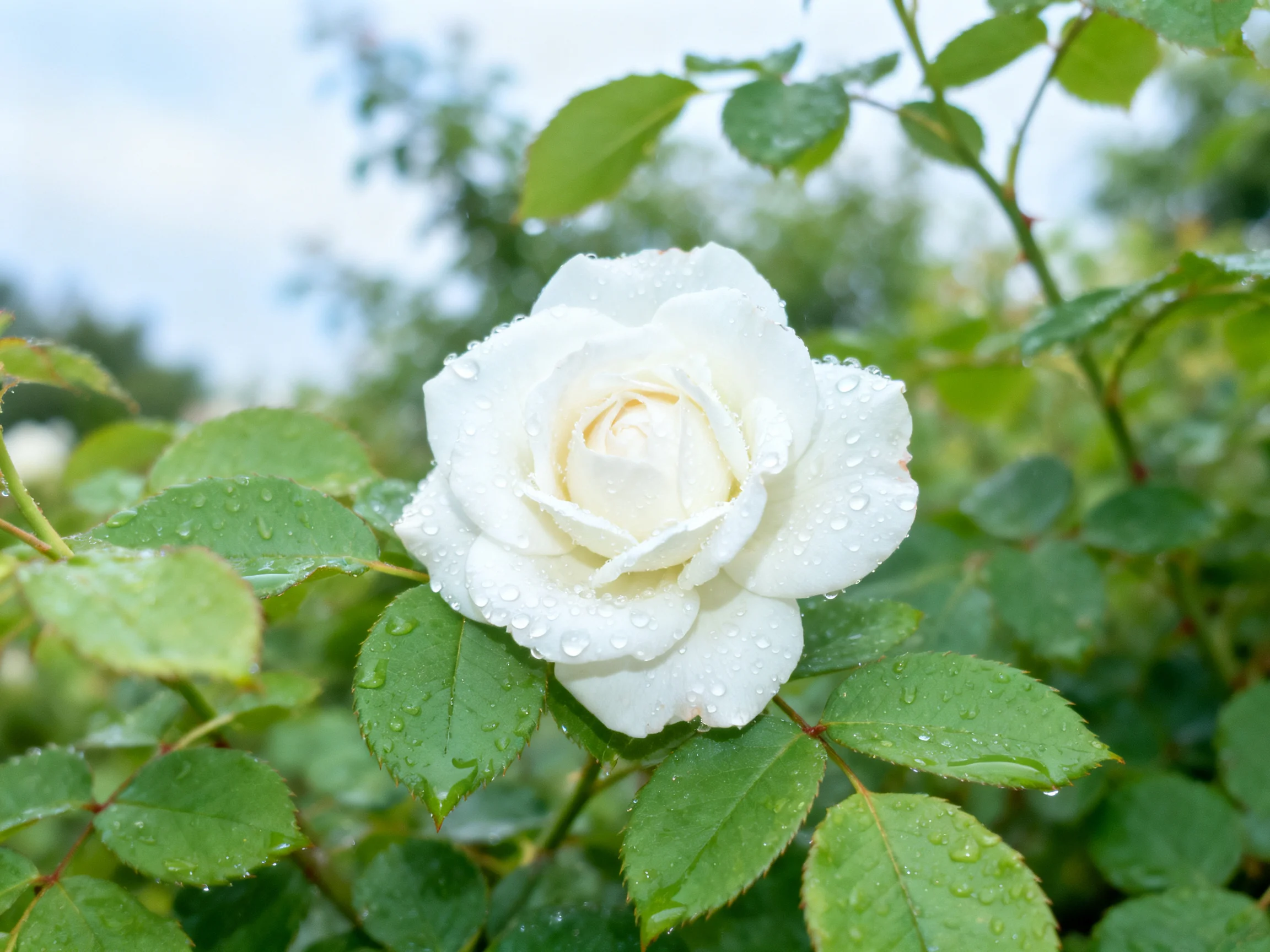 A white rose with dewdrops amid lush green foliage