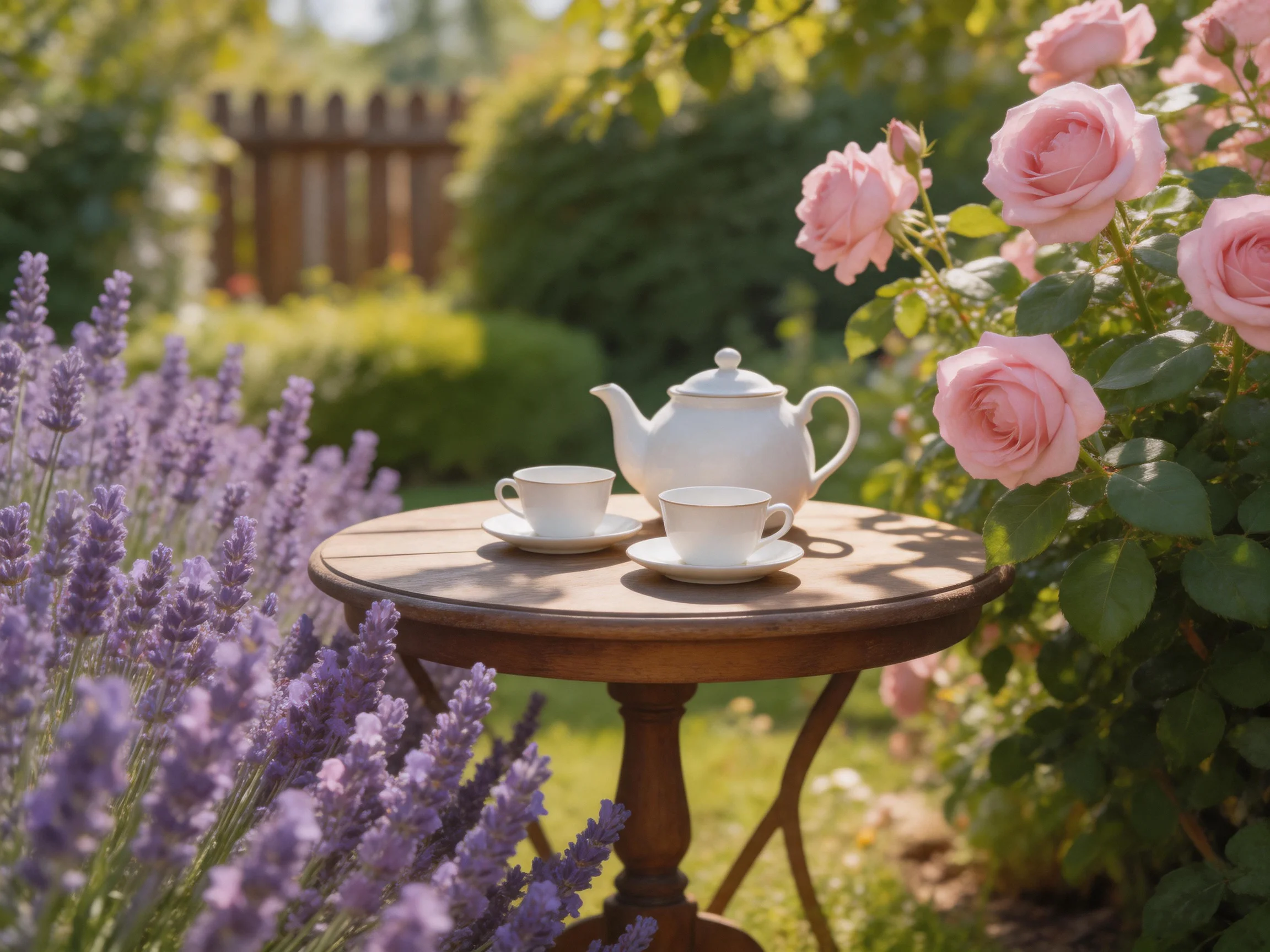 A white teapot and cups sit on a wooden table amid pink roses and lavender