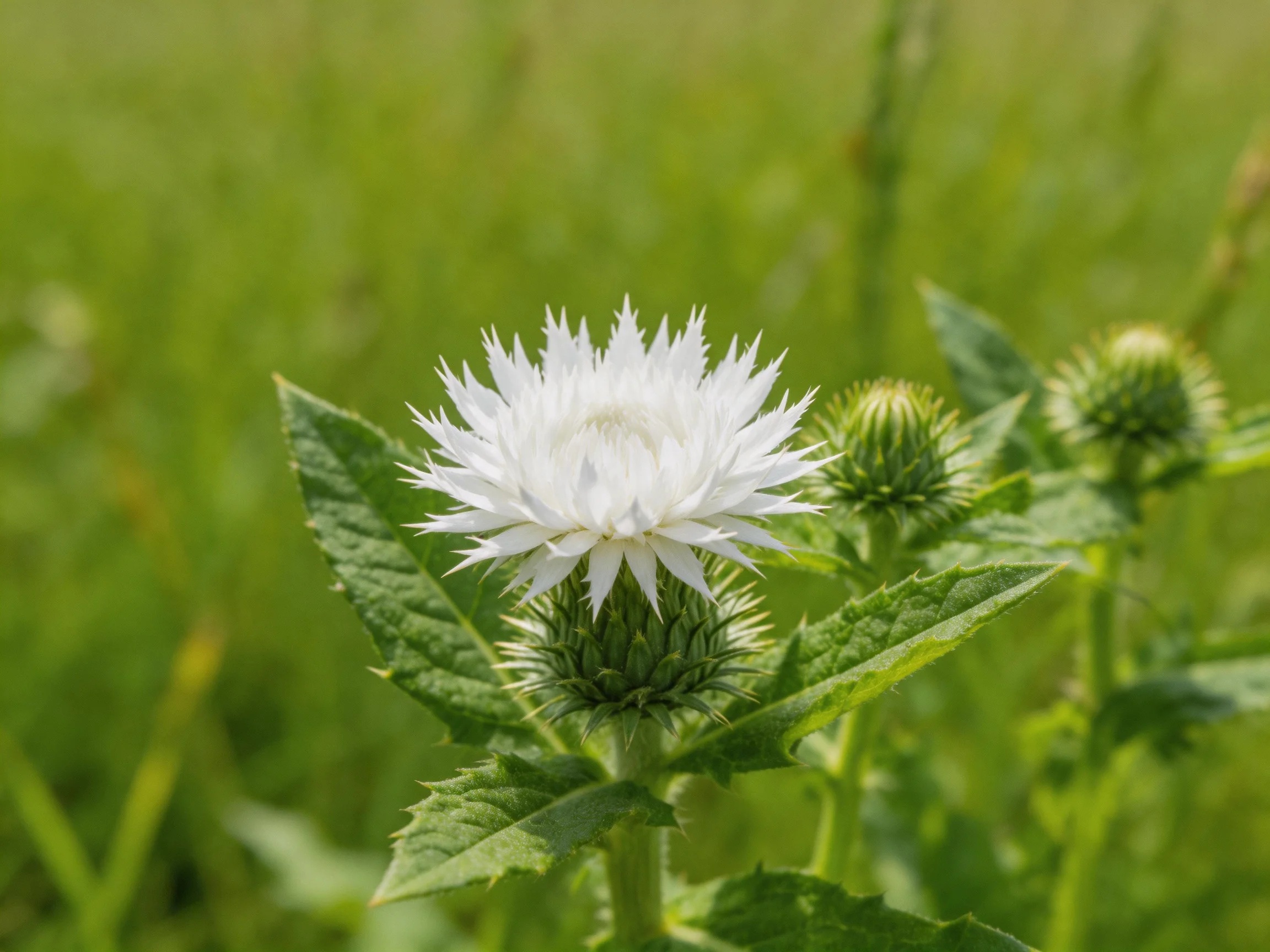 A white thistle flower with green buds and leaves in a meadow