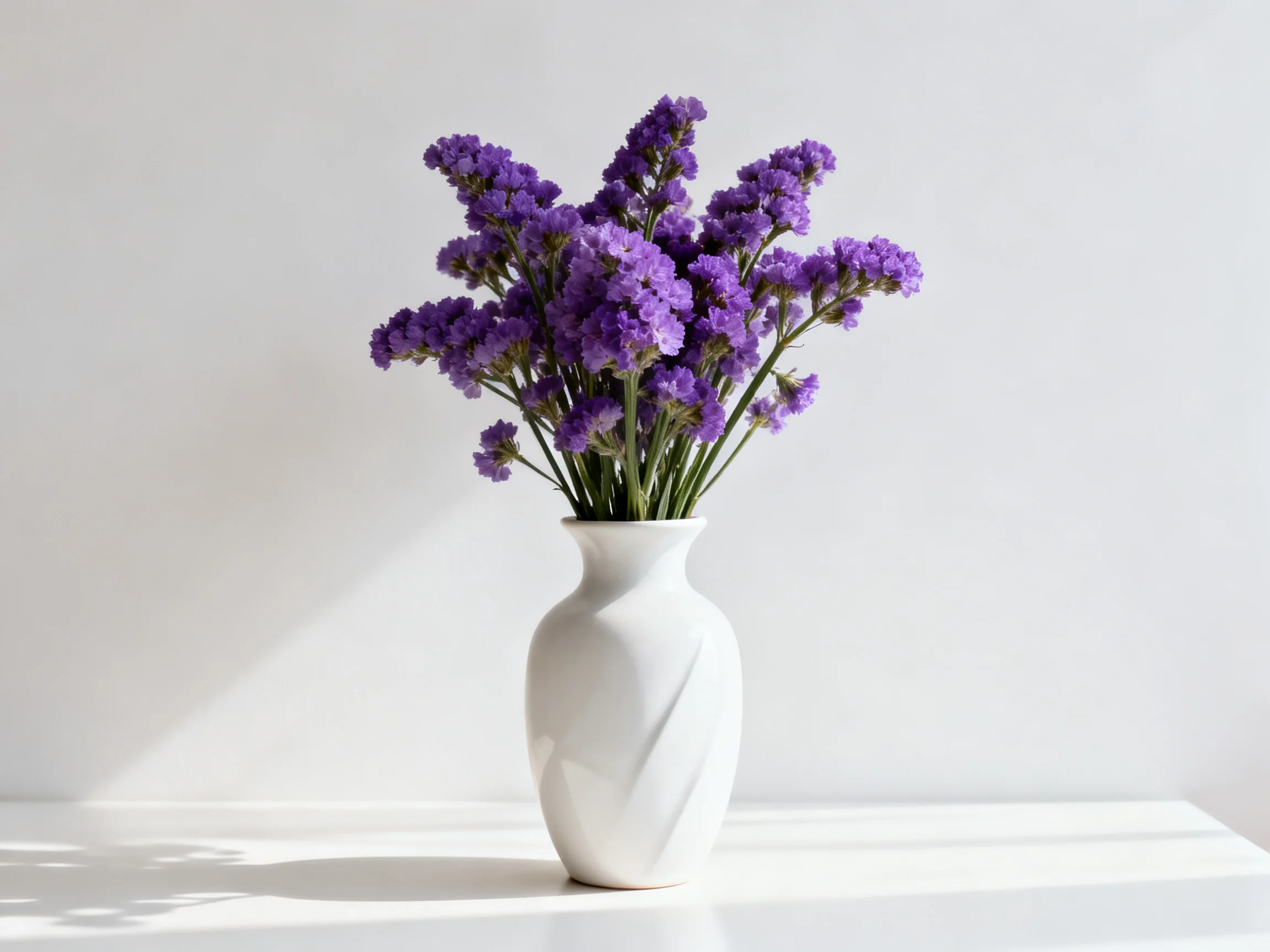 A white vase holds a bouquet of vibrant purple blooms