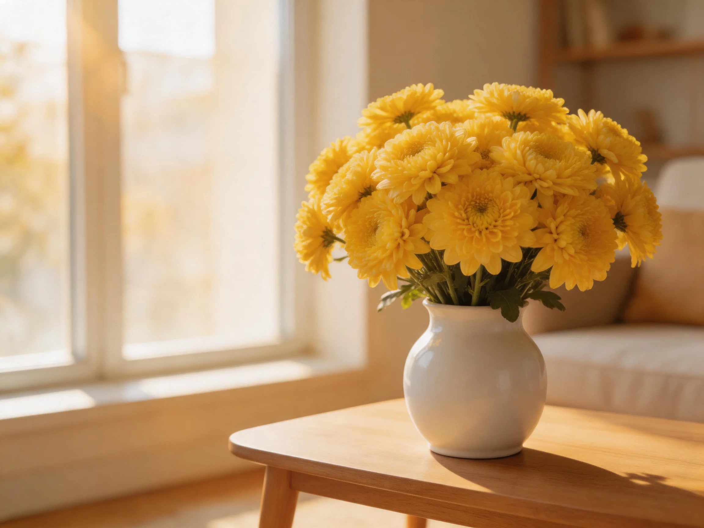 A white vase holds a large bouquet of bright yellow flowers on a wooden table