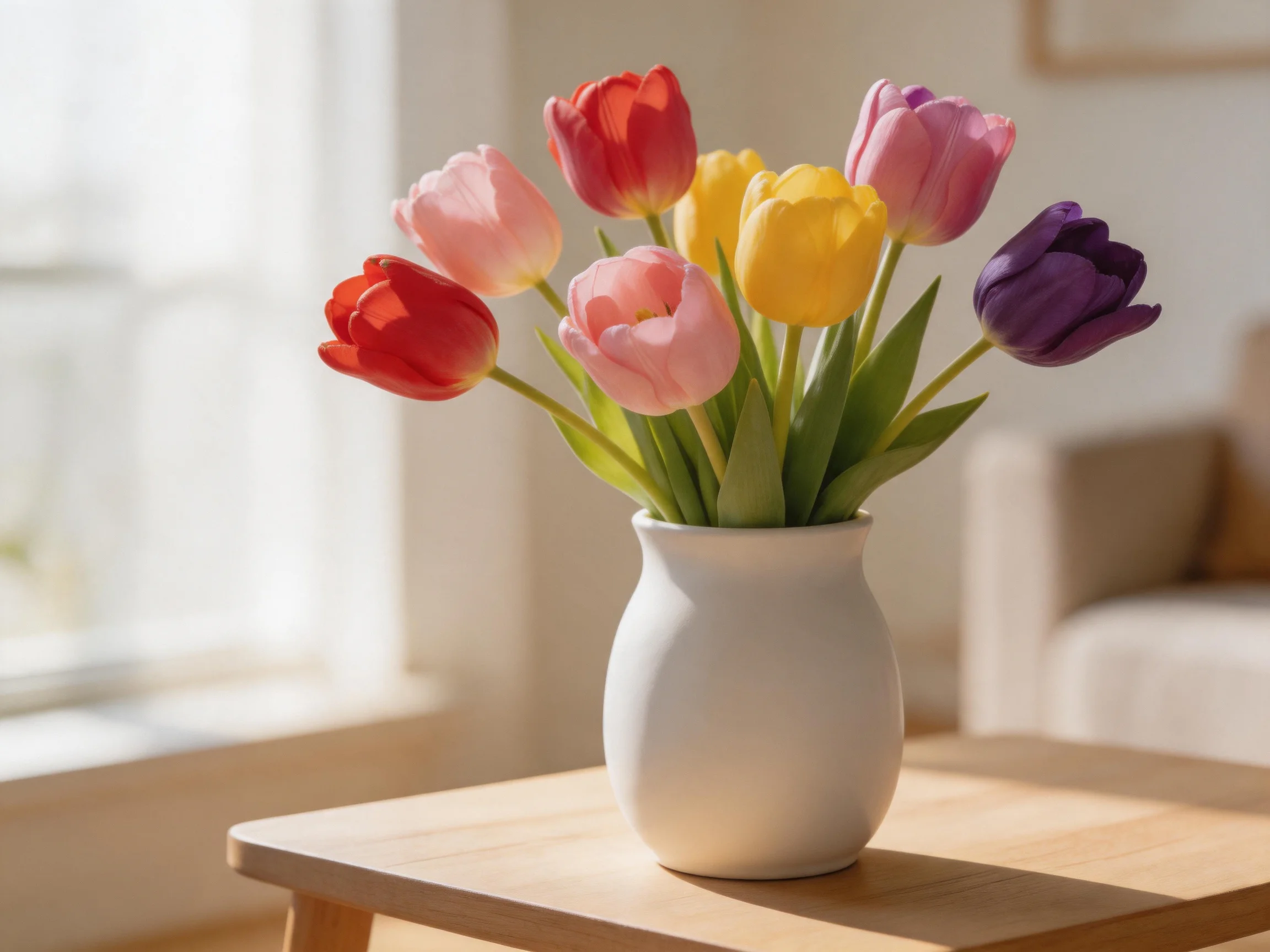 A white vase holds eight multicolored tulips on a wooden table