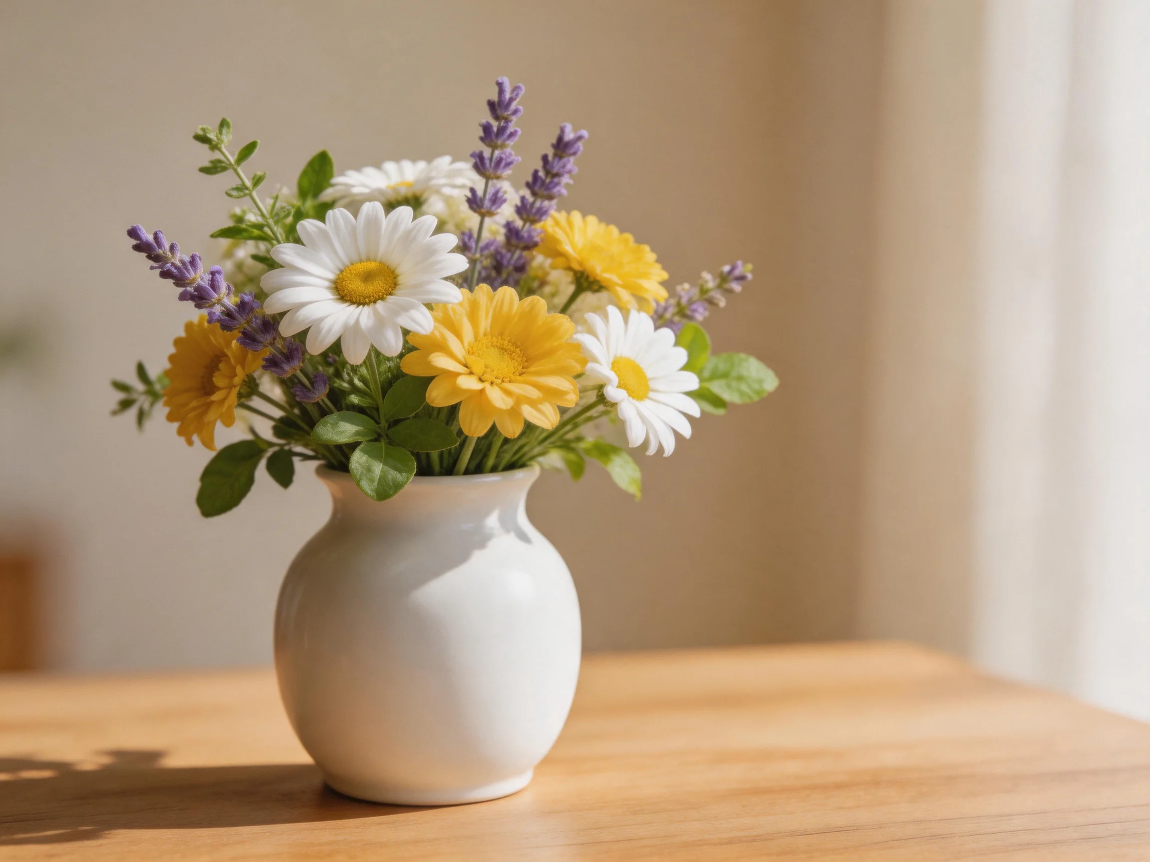 A white vase holds yellow, white, and purple flowers on a wooden table