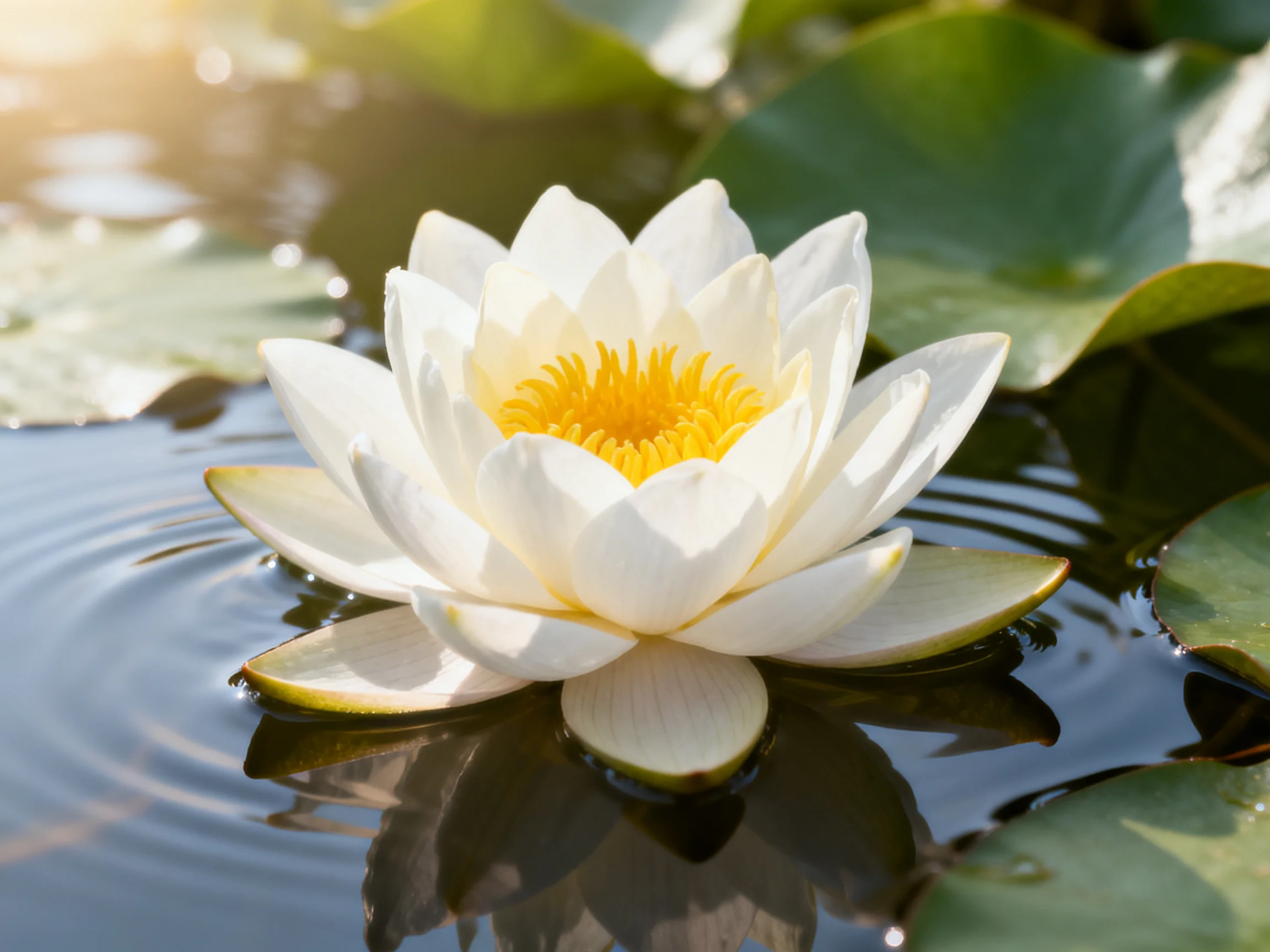 A white water lily with a bright yellow center floats on calm water near green lily pads