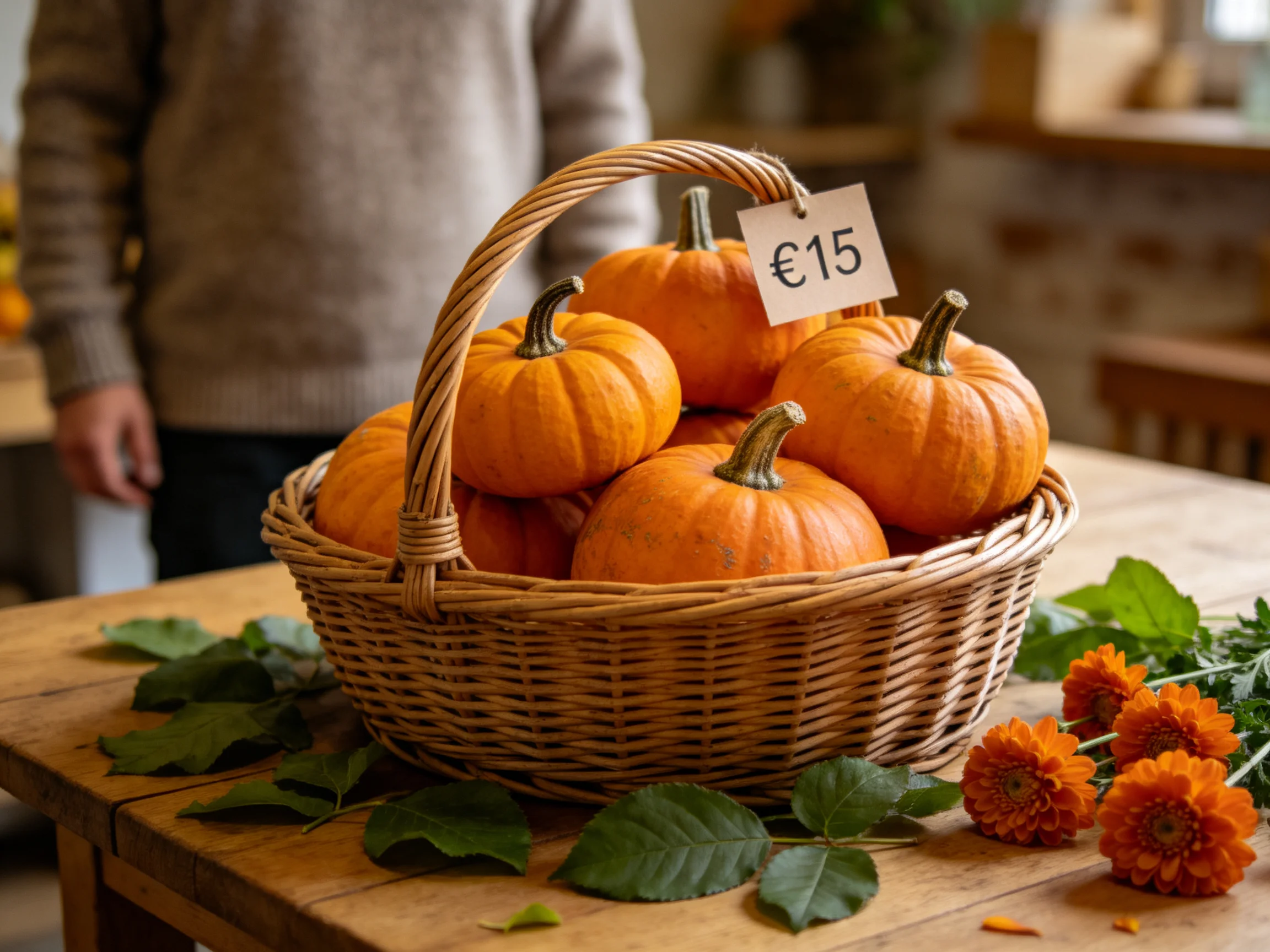 A wicker basket filled with bright orange mini pumpkins on a wooden table