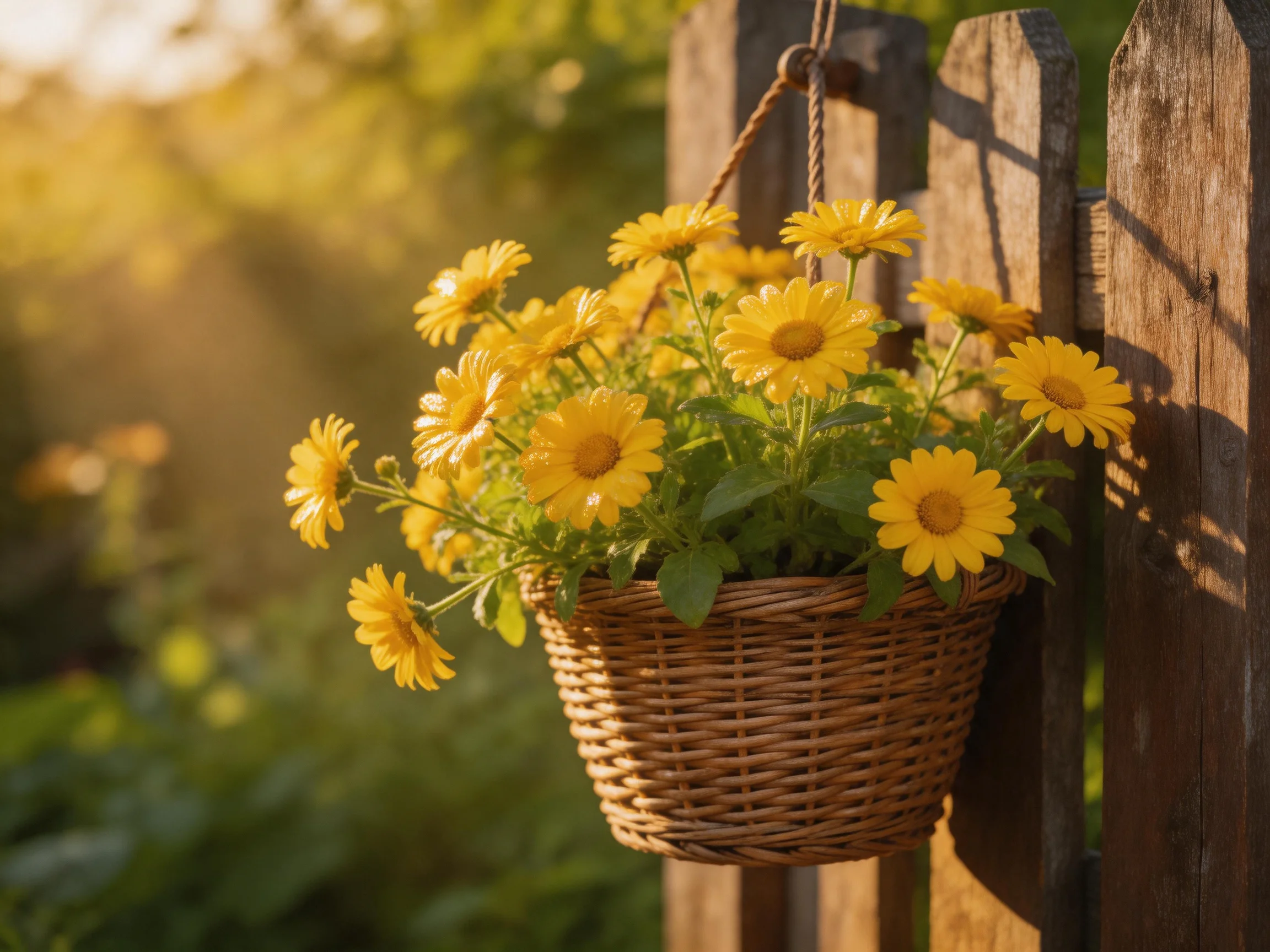 A wicker basket filled with bright yellow flowers hangs from a wooden fence
