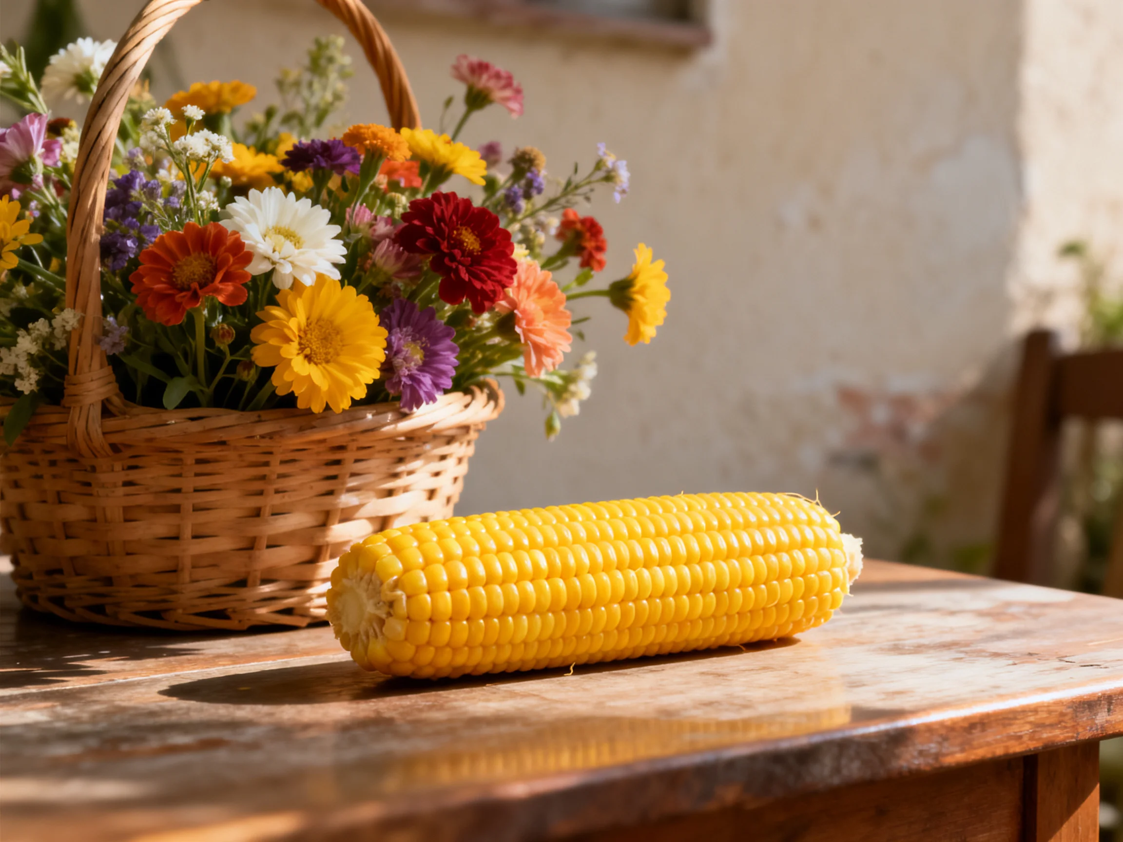 A wicker basket filled with colorful flowers sits next to a golden ear of corn