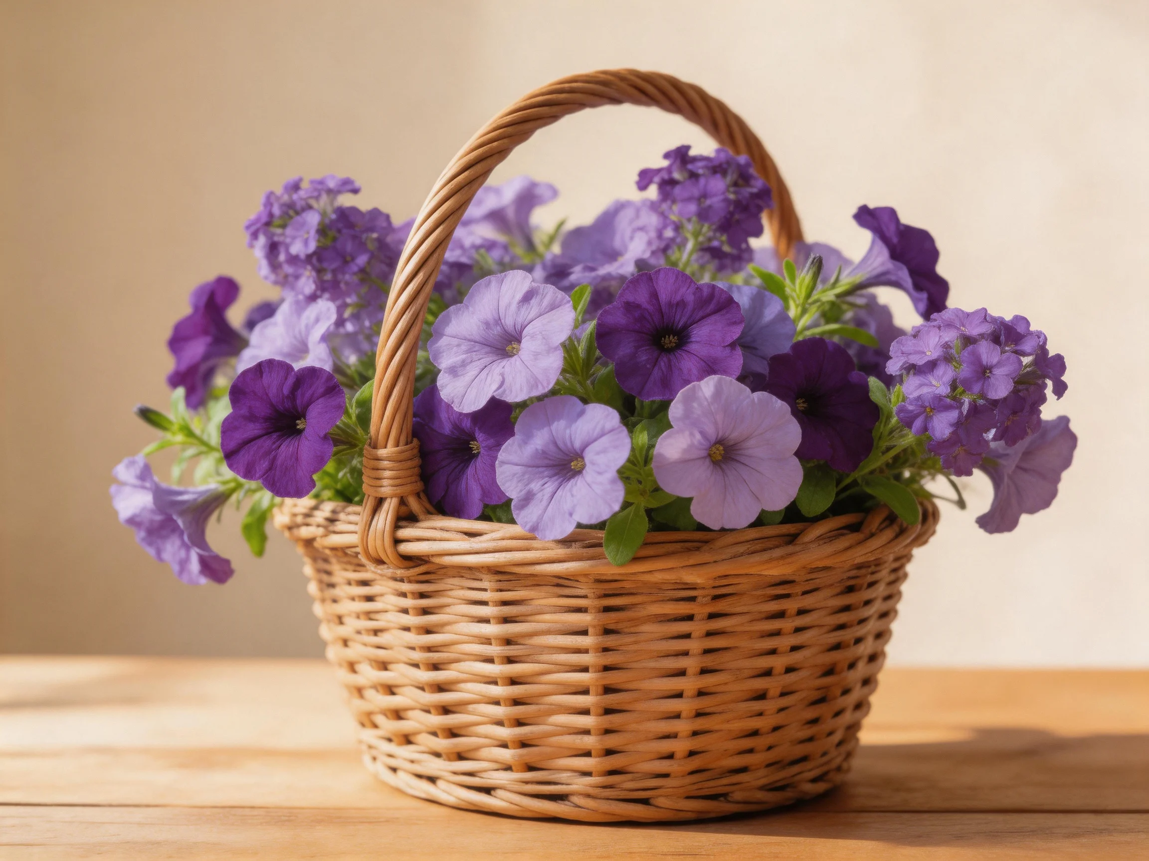 A wicker basket filled with purple and lavender flowers
