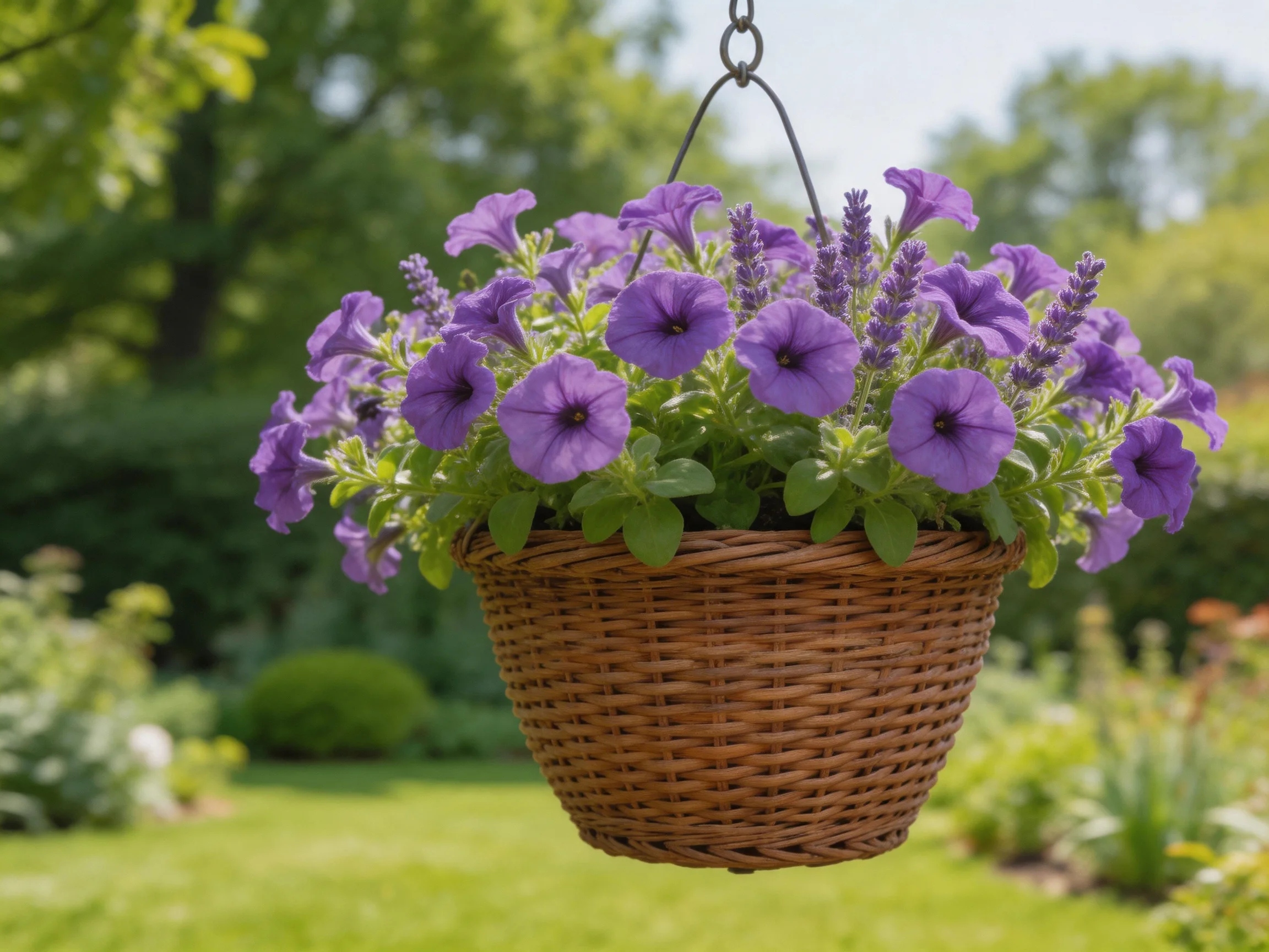 A wicker basket filled with vibrant purple flowers hangs in a sunny garden