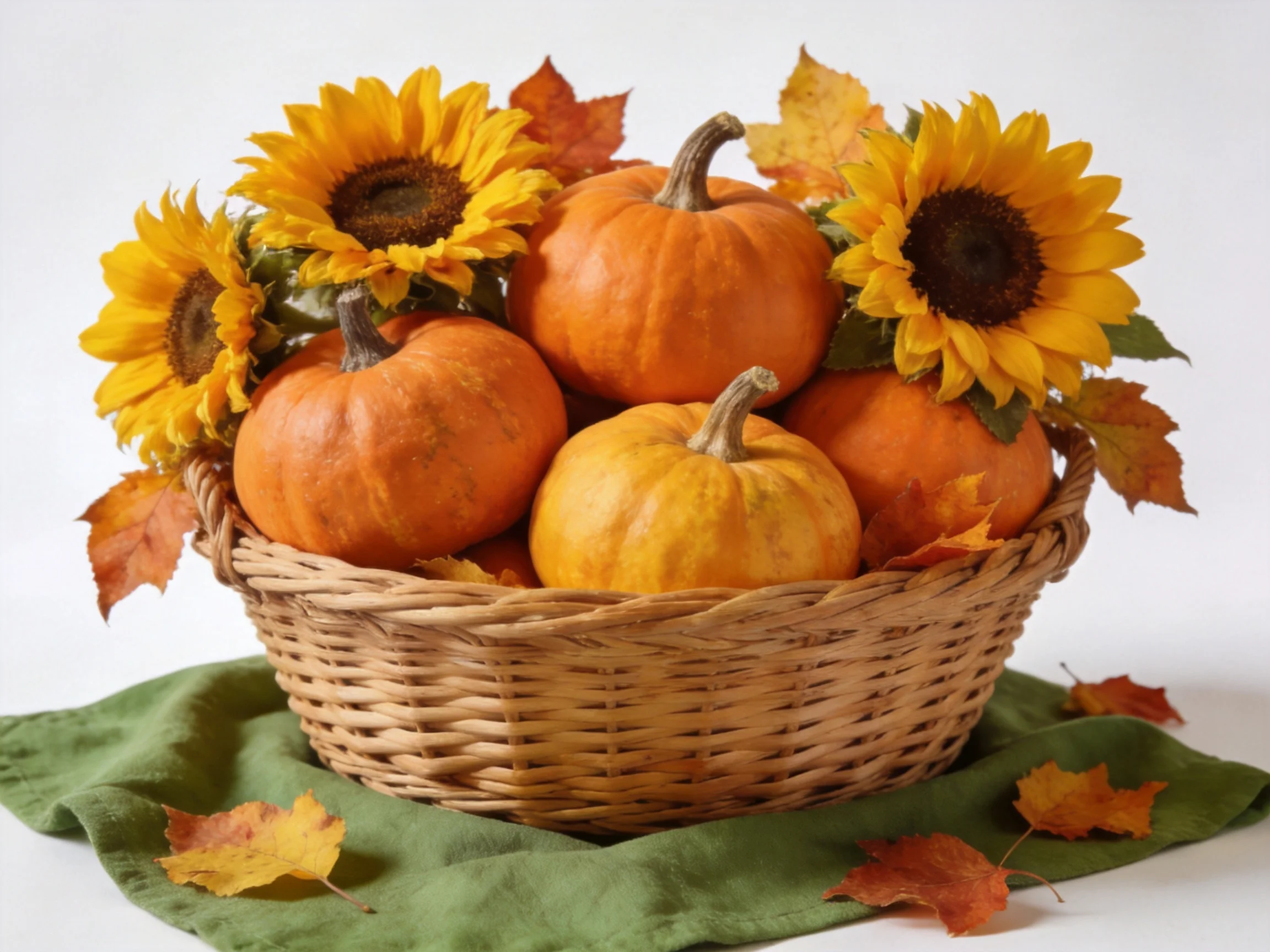 A wicker basket holds orange pumpkins, yellow sunflowers, and autumn leaves