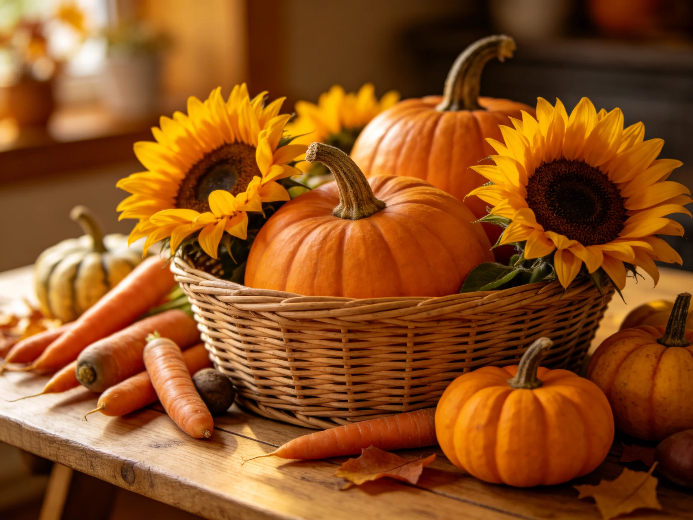 A wicker basket holds orange pumpkins, yellow sunflowers, and carrots on a wooden table