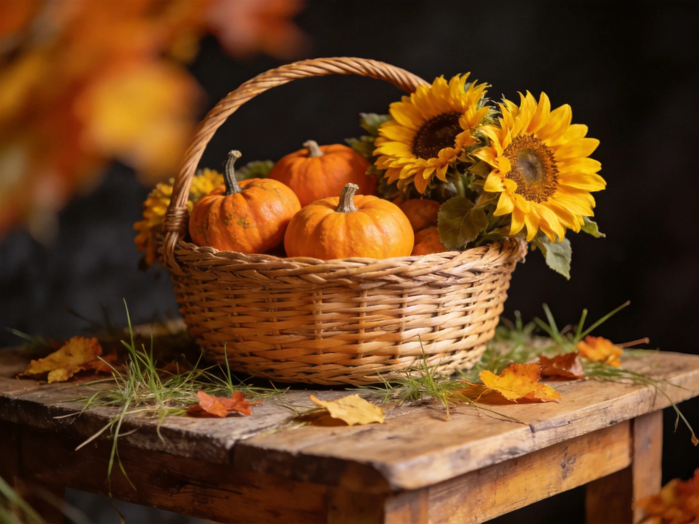 A wicker basket holds small orange pumpkins, yellow sunflowers, and autumn leaves.