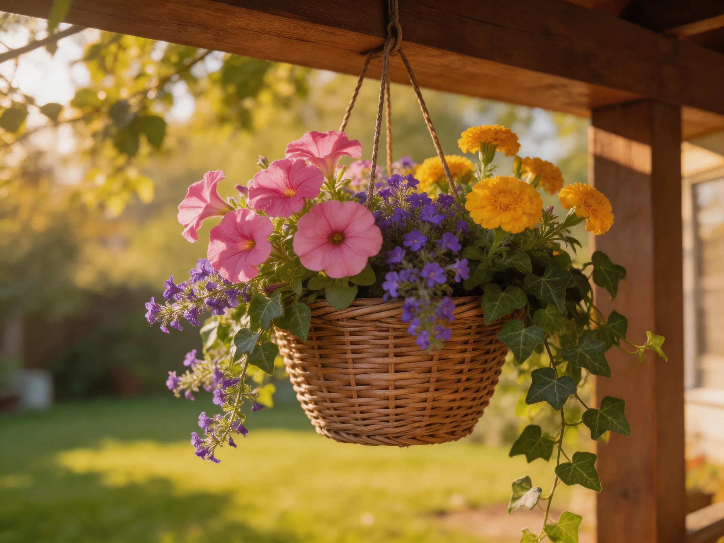 A wicker basket holds vibrant pink, yellow, and purple flowers outdoors