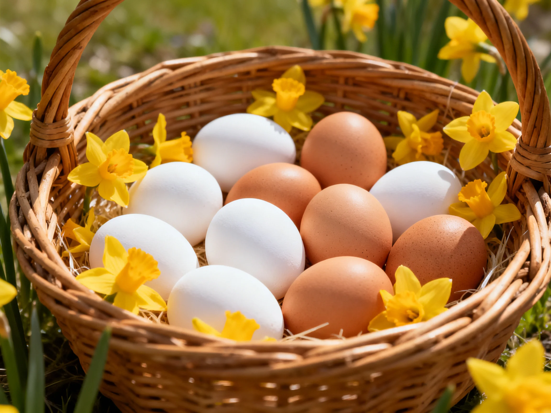 A wicker basket holds white and brown eggs amid bright yellow daffodils