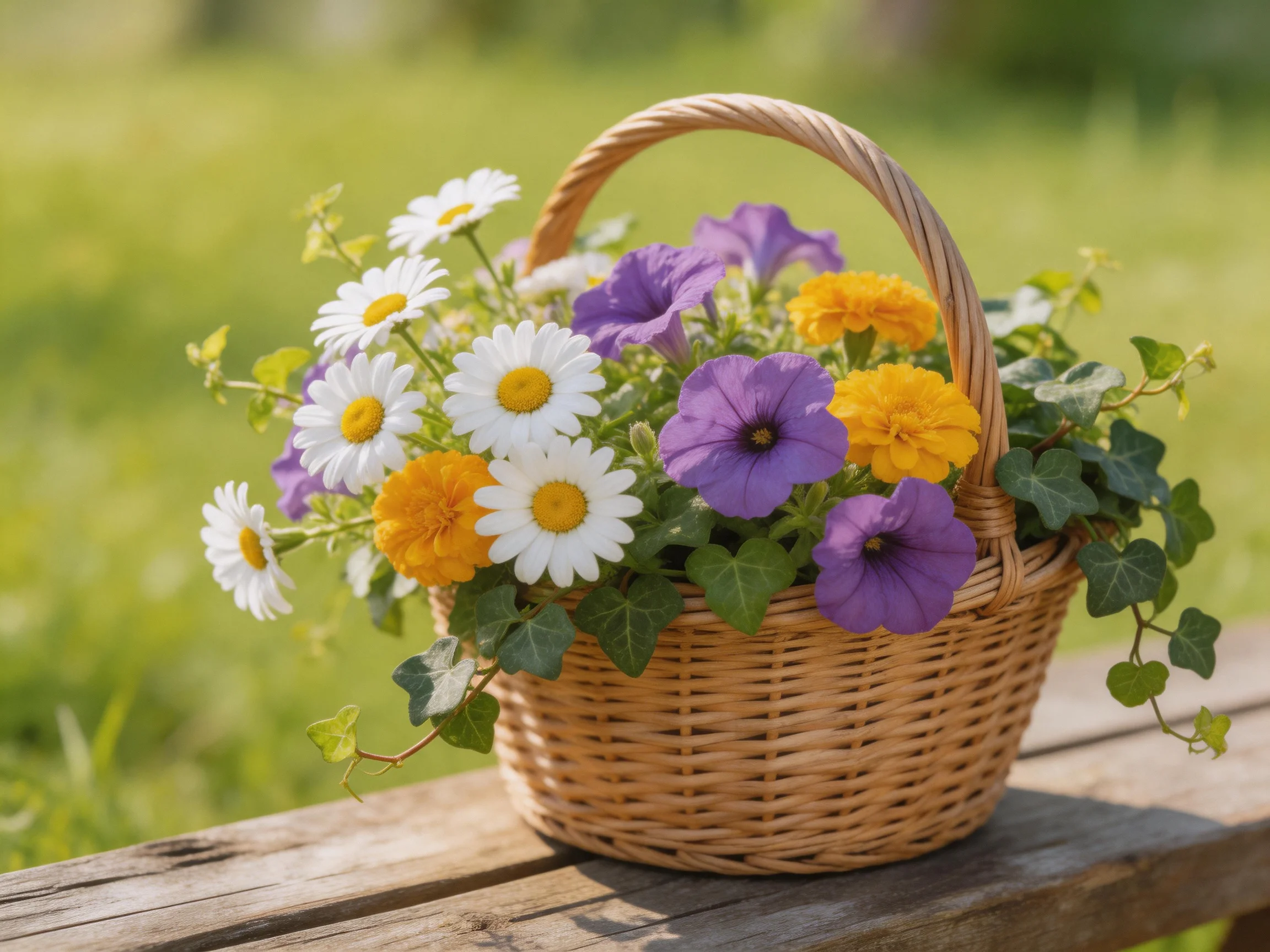 A wicker basket overflowing with white daisies, purple petunias, and yellow blooms