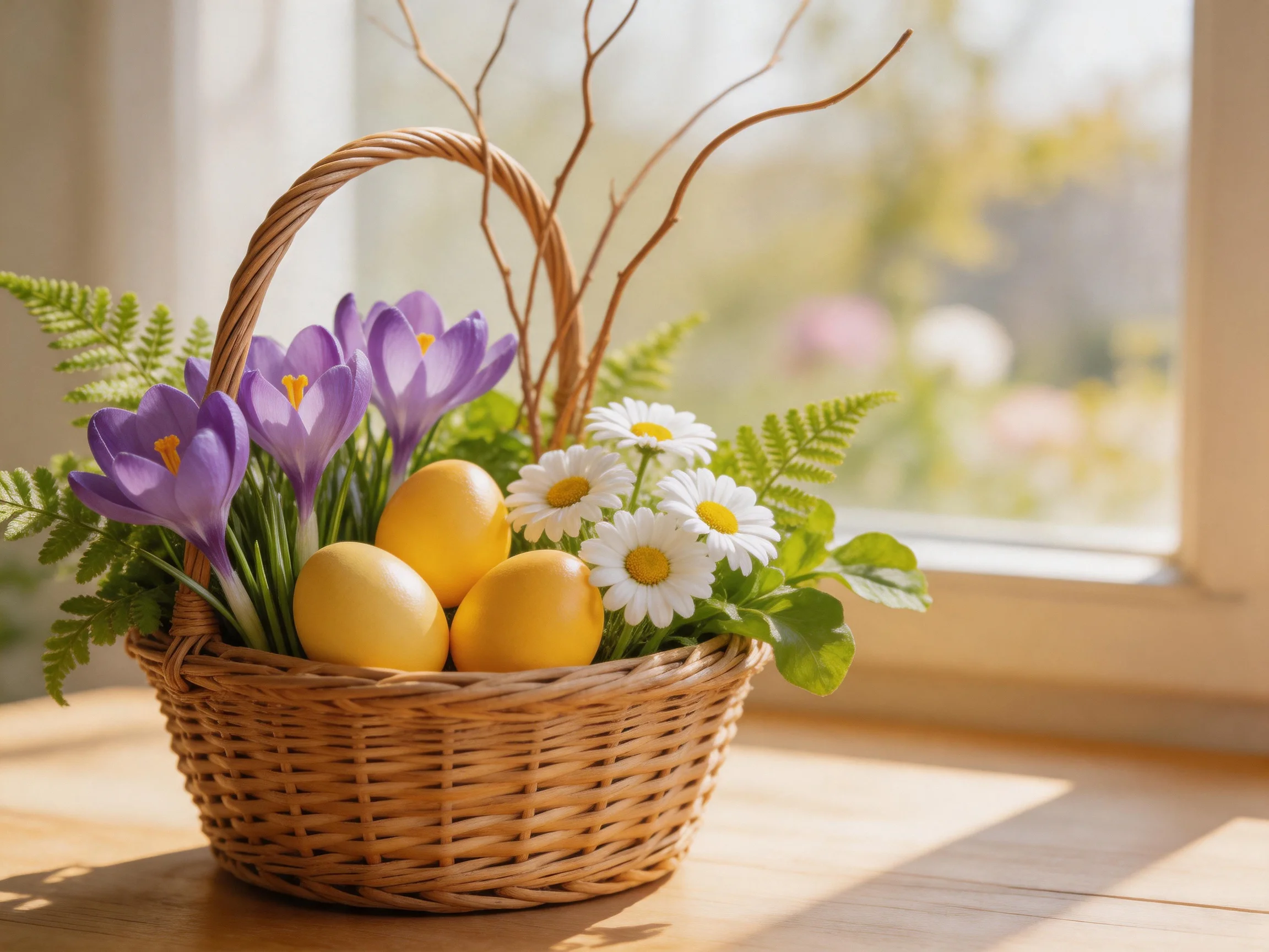 A wicker basket with purple crocuses, white daisies, and golden Easter eggs near a sunlit window