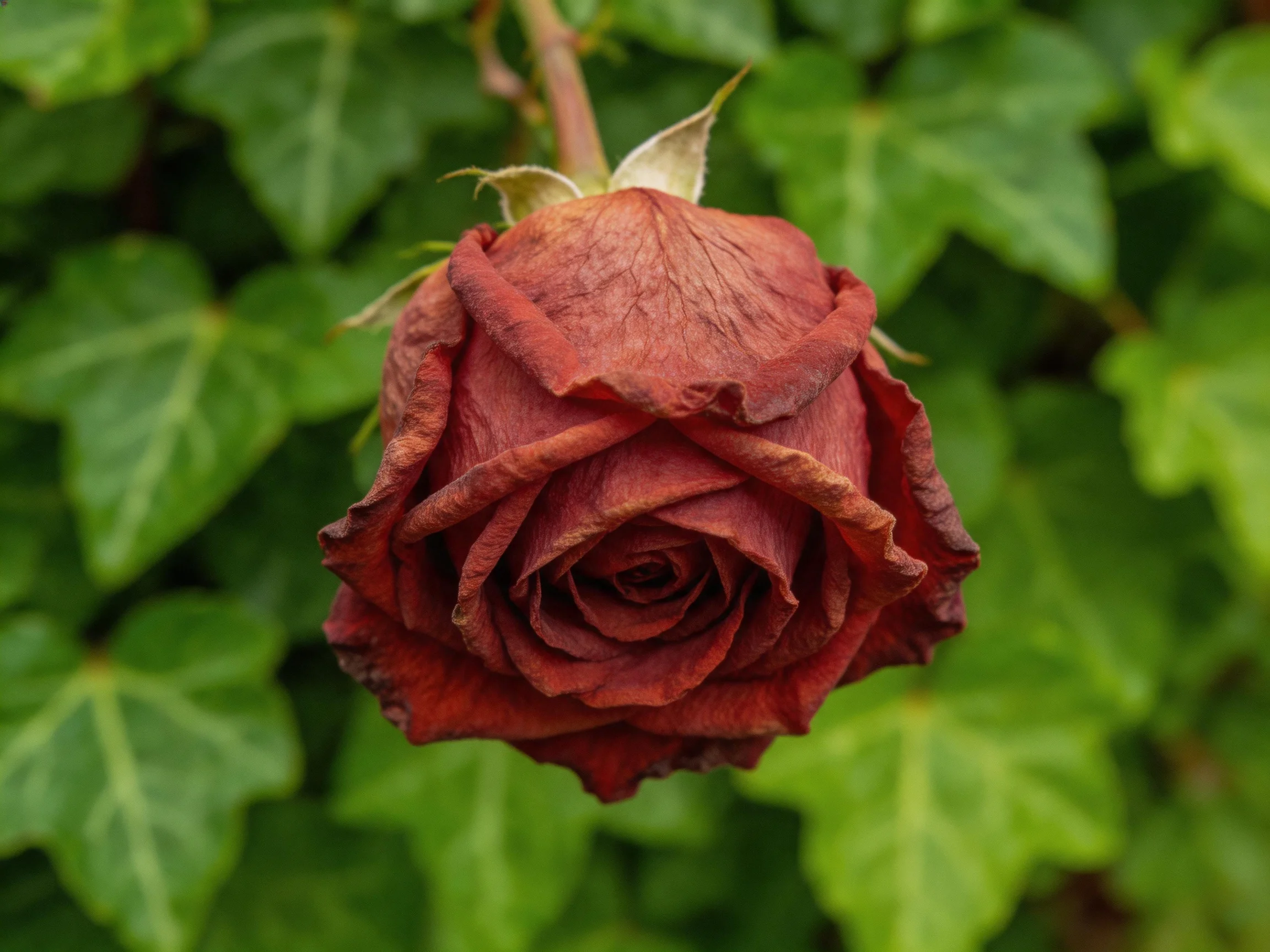 A wilted burgundy rose bud amidst lush green foliage
