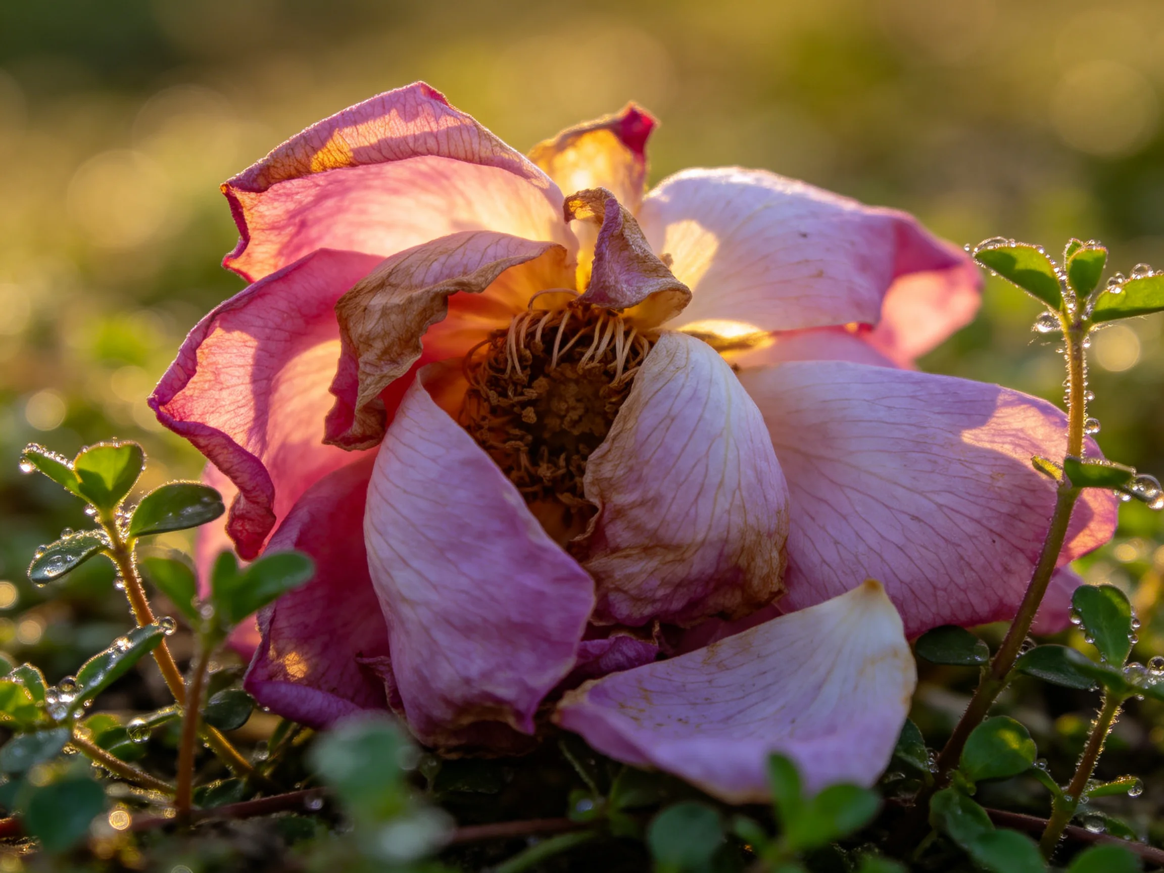 A wilted pink rose with dewdrops among green foliage