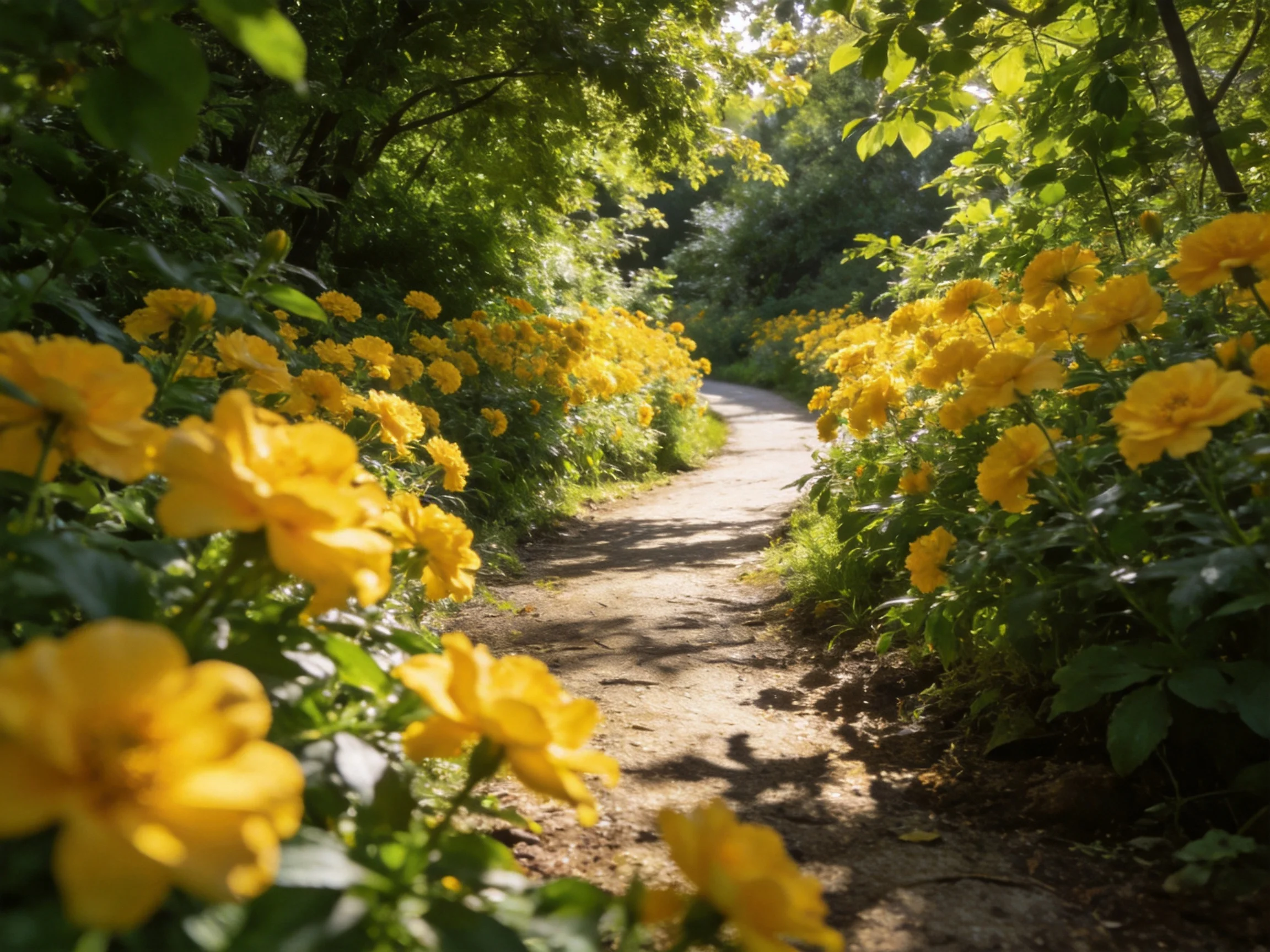 A winding dirt path lined with vibrant yellow blooms and lush green foliage
