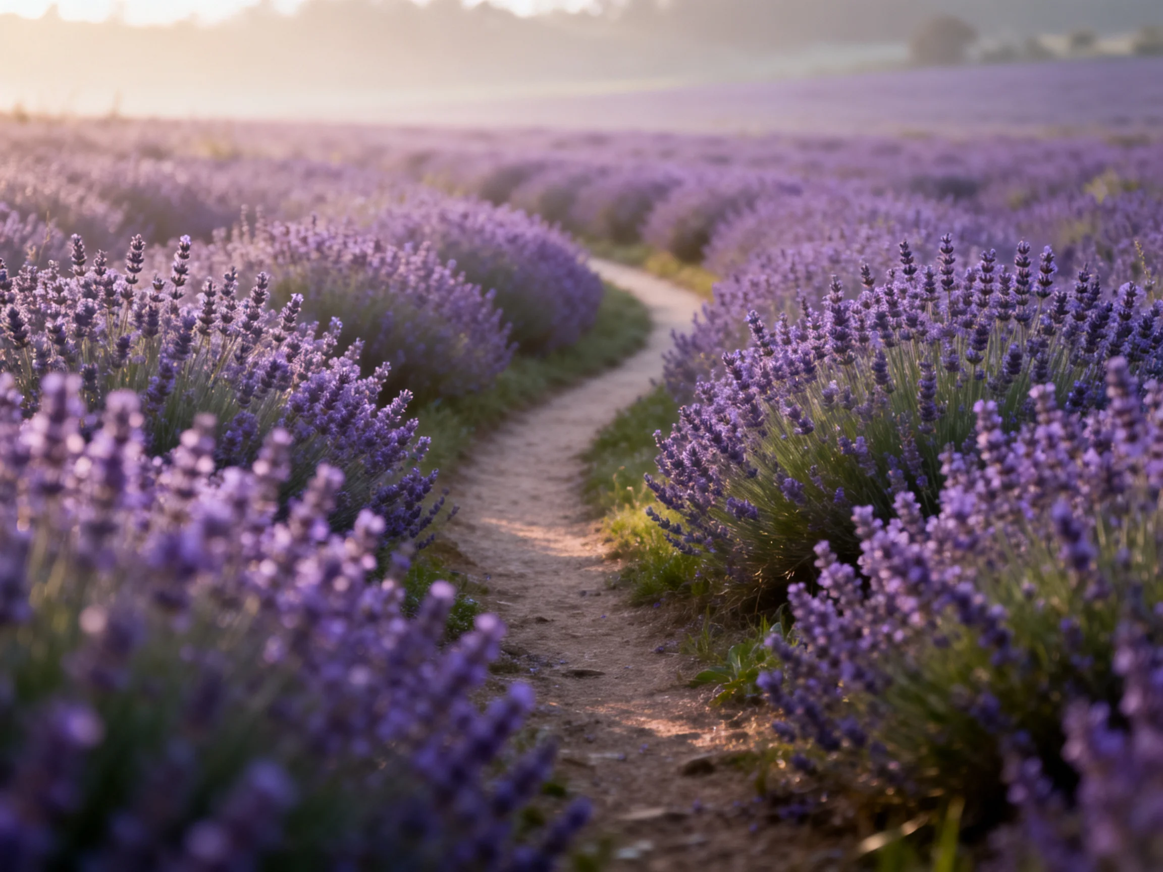 A winding dirt path through sprawling lavender flower fields