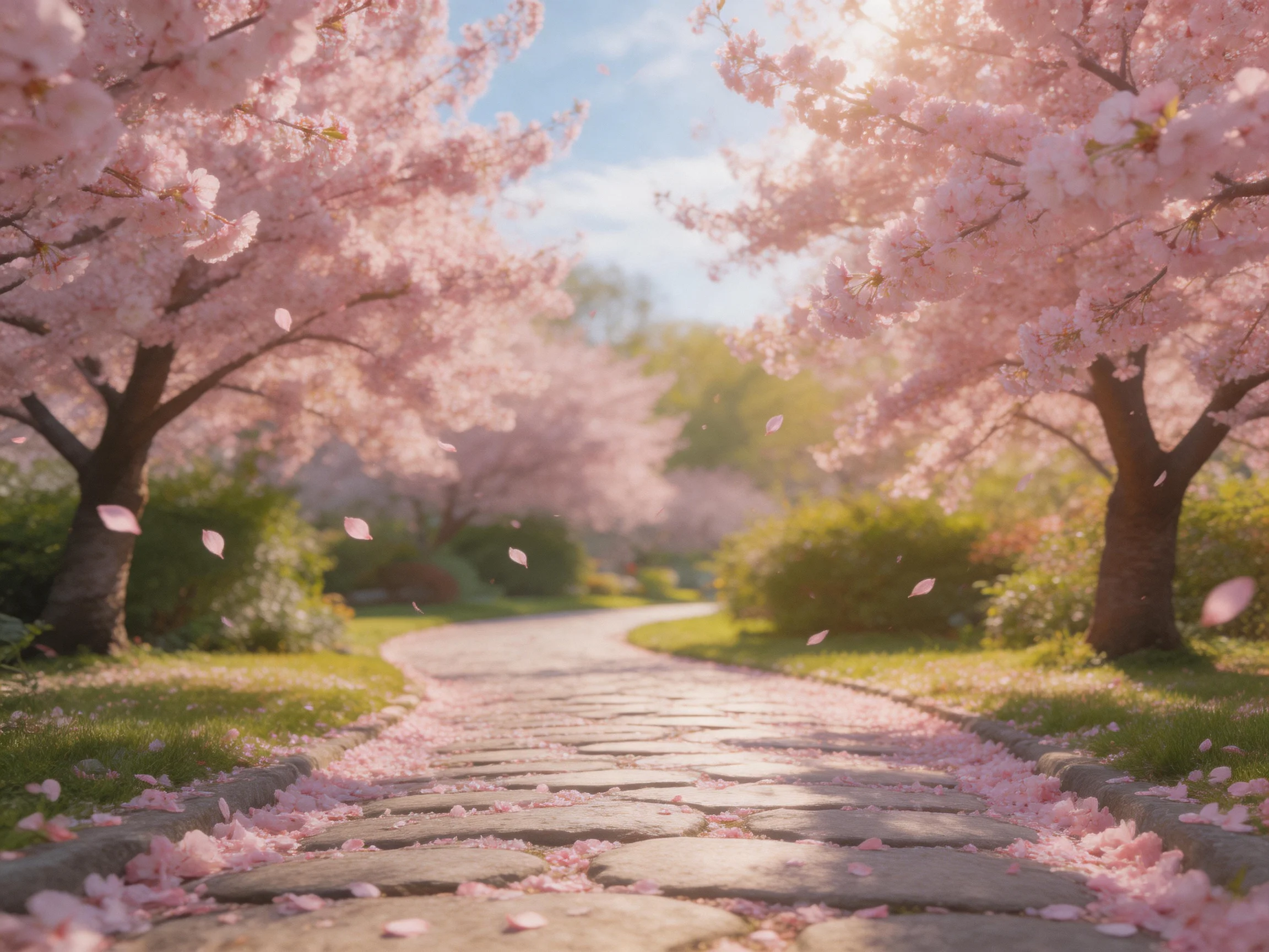 A winding stone path runs between cherry blossom trees with falling petals