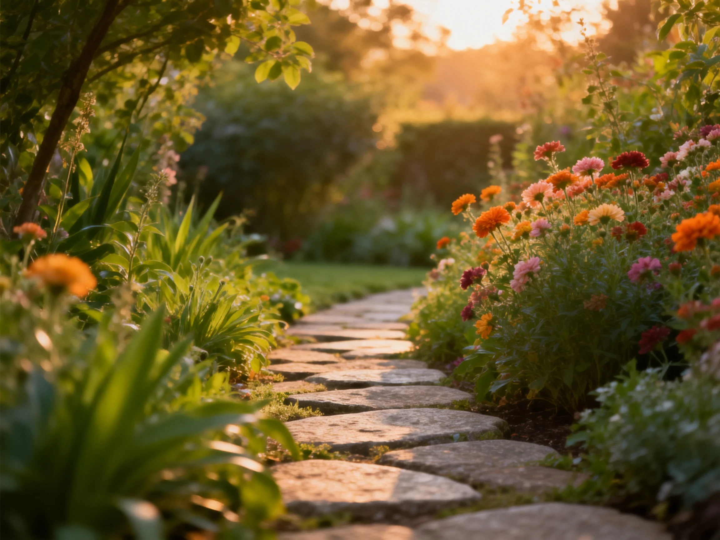 A winding stone path through vibrant flower beds at golden hour