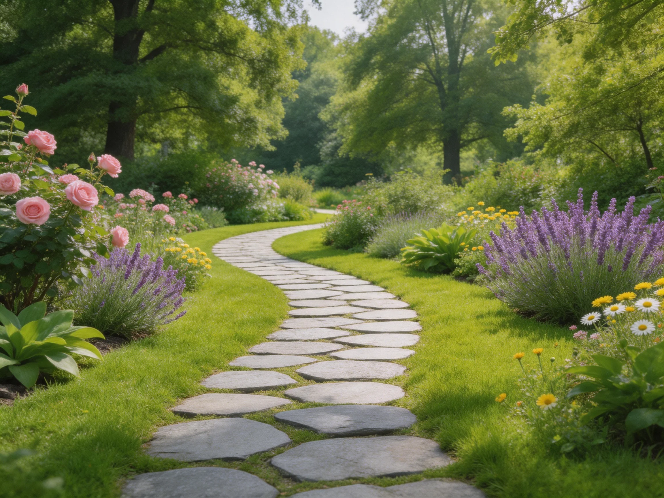 A winding stone path through vibrant flower-filled gardens
