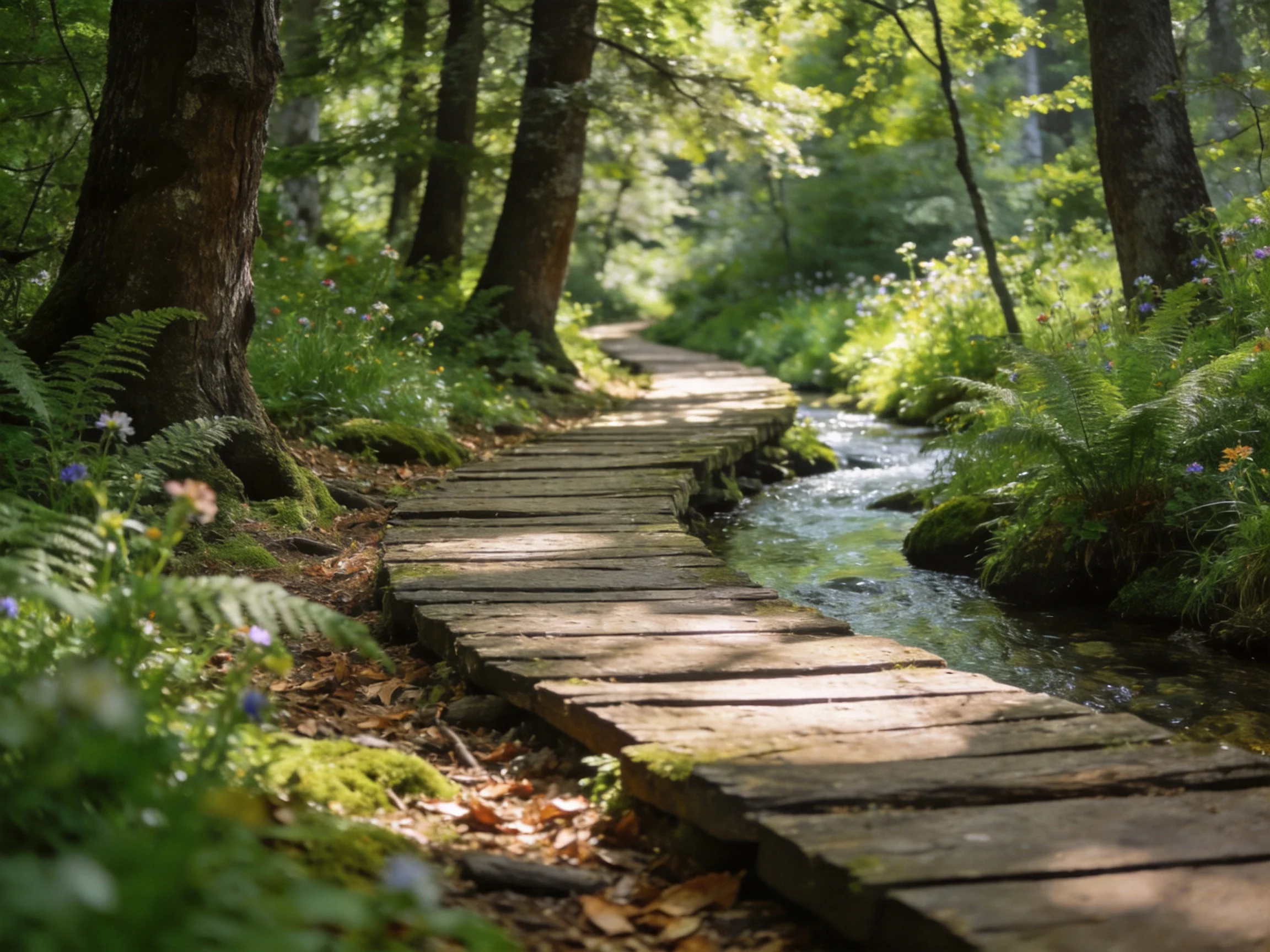 A winding wooden path beside a clear forest stream