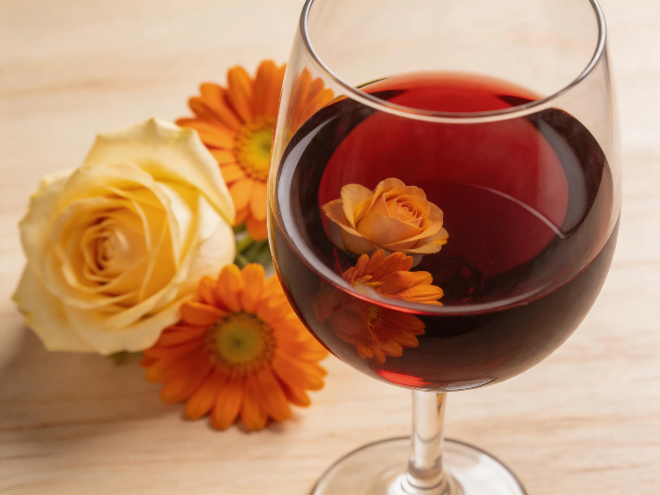 A wine glass of red wine holds floating flowers; yellow and orange blooms nearby.