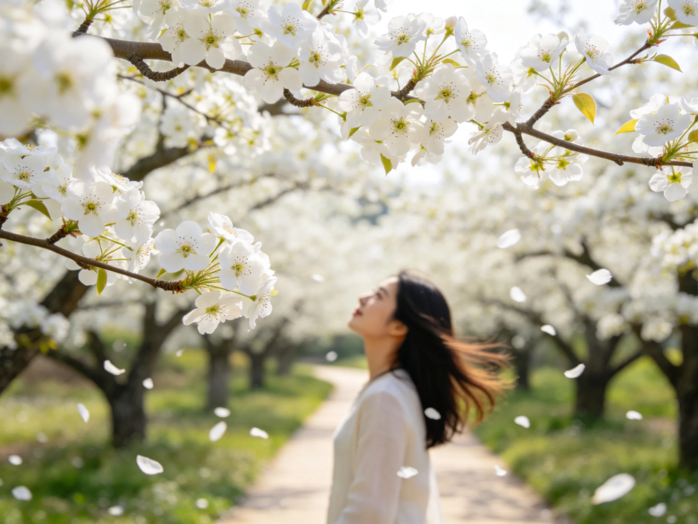 A woman amid blooming white cherry blossom trees on a tree-lined path
