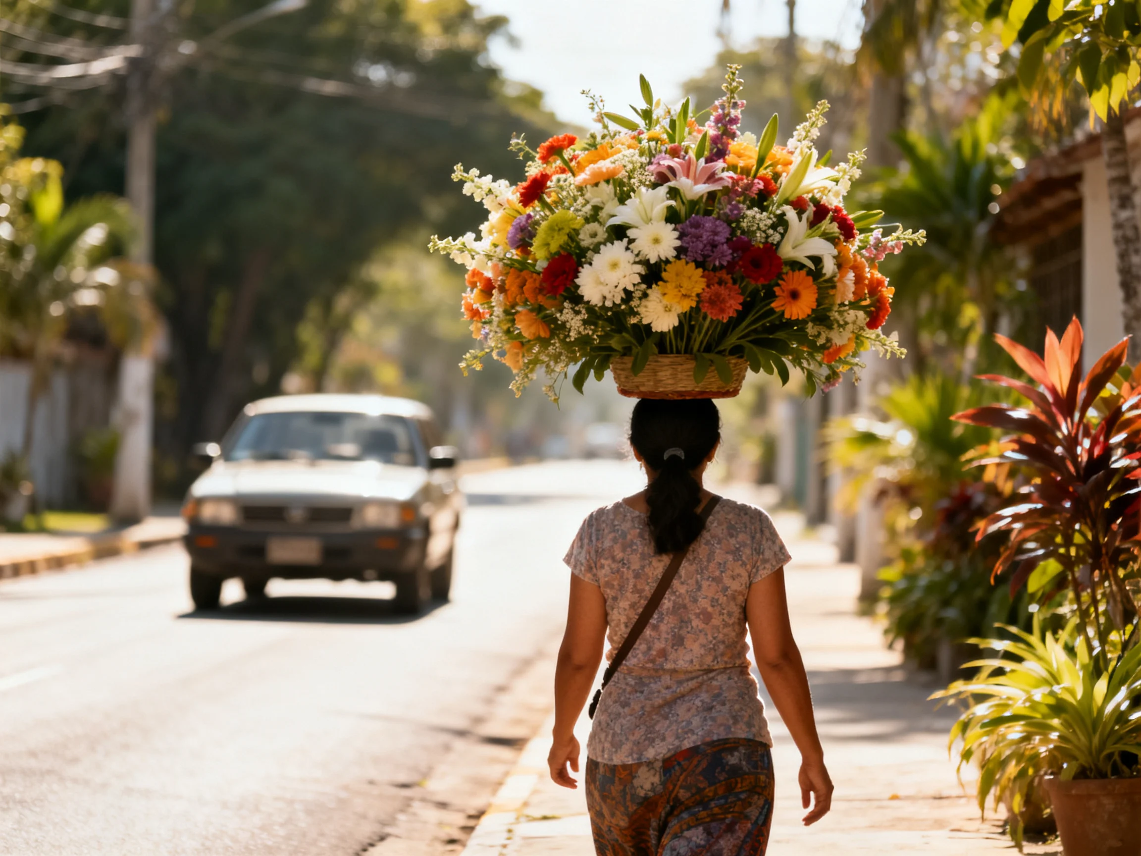 A woman balances a large colorful flower basket on her head