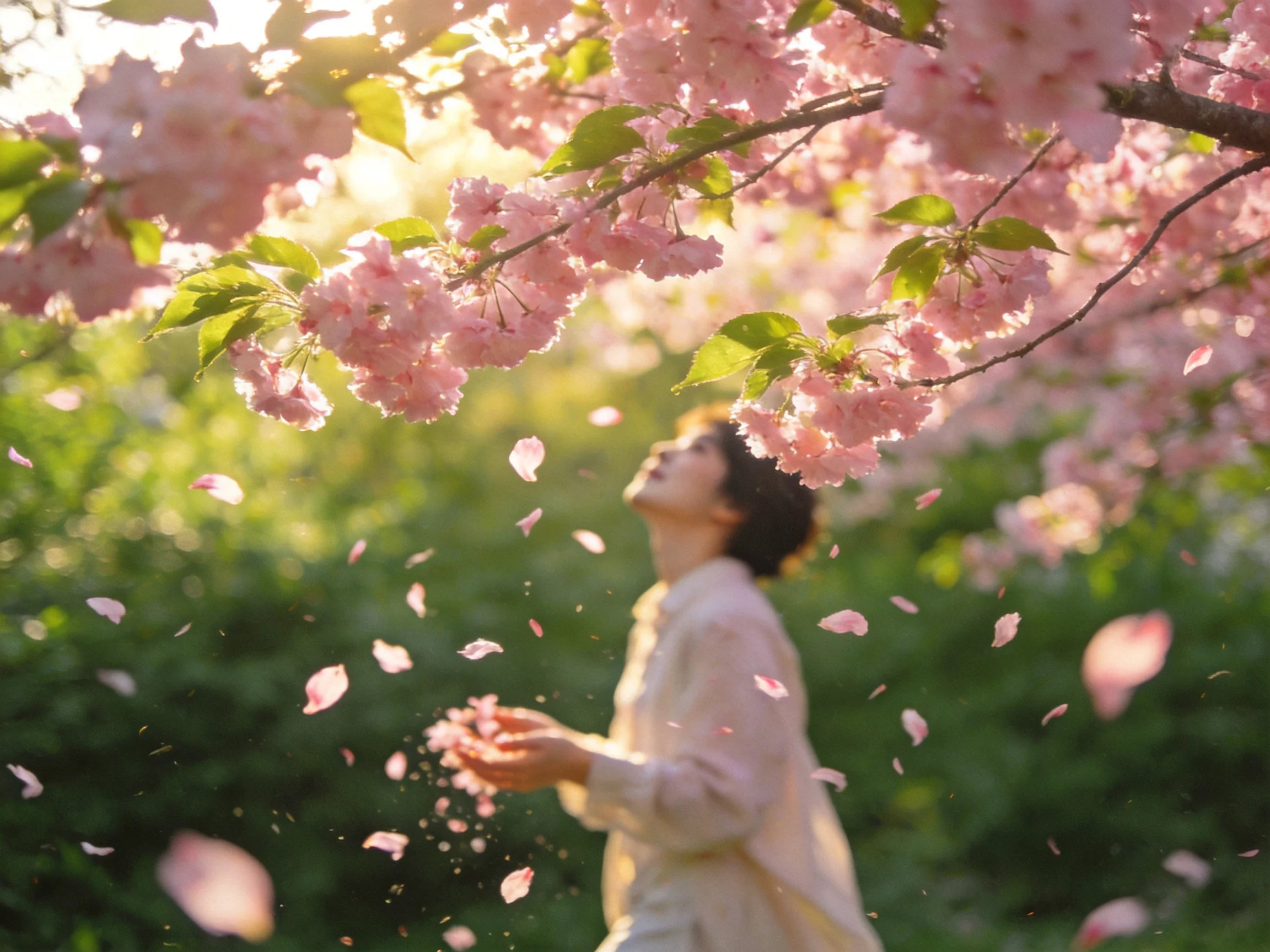 A woman beneath abundant pink cherry blossom branches in golden sunlight