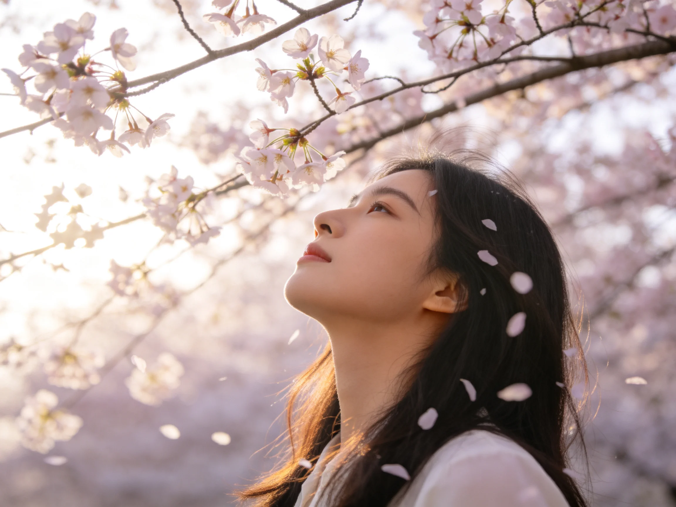 A woman beneath blooming cherry blossom branches with falling petals