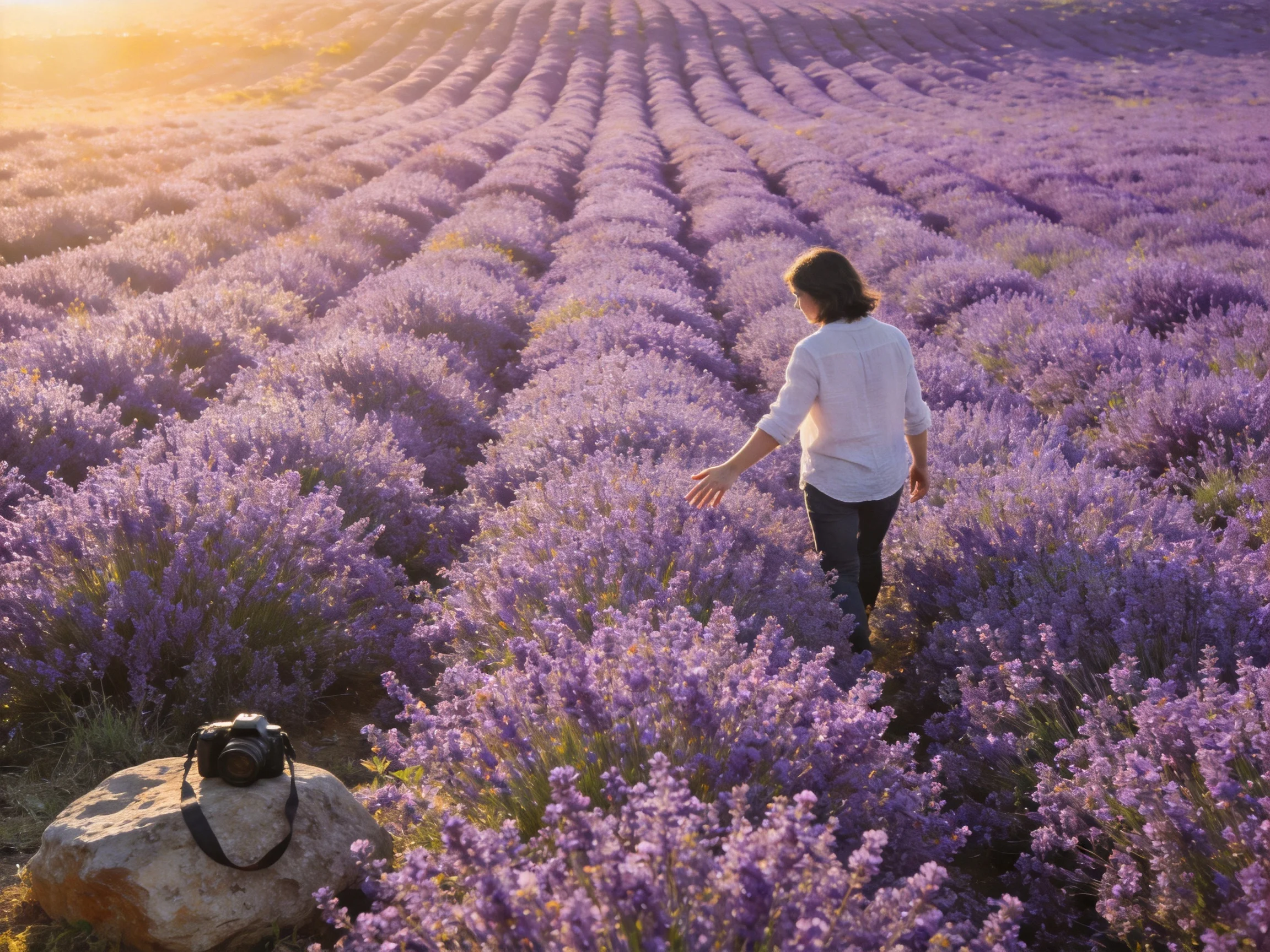 A woman explores expansive lavender fields under golden light