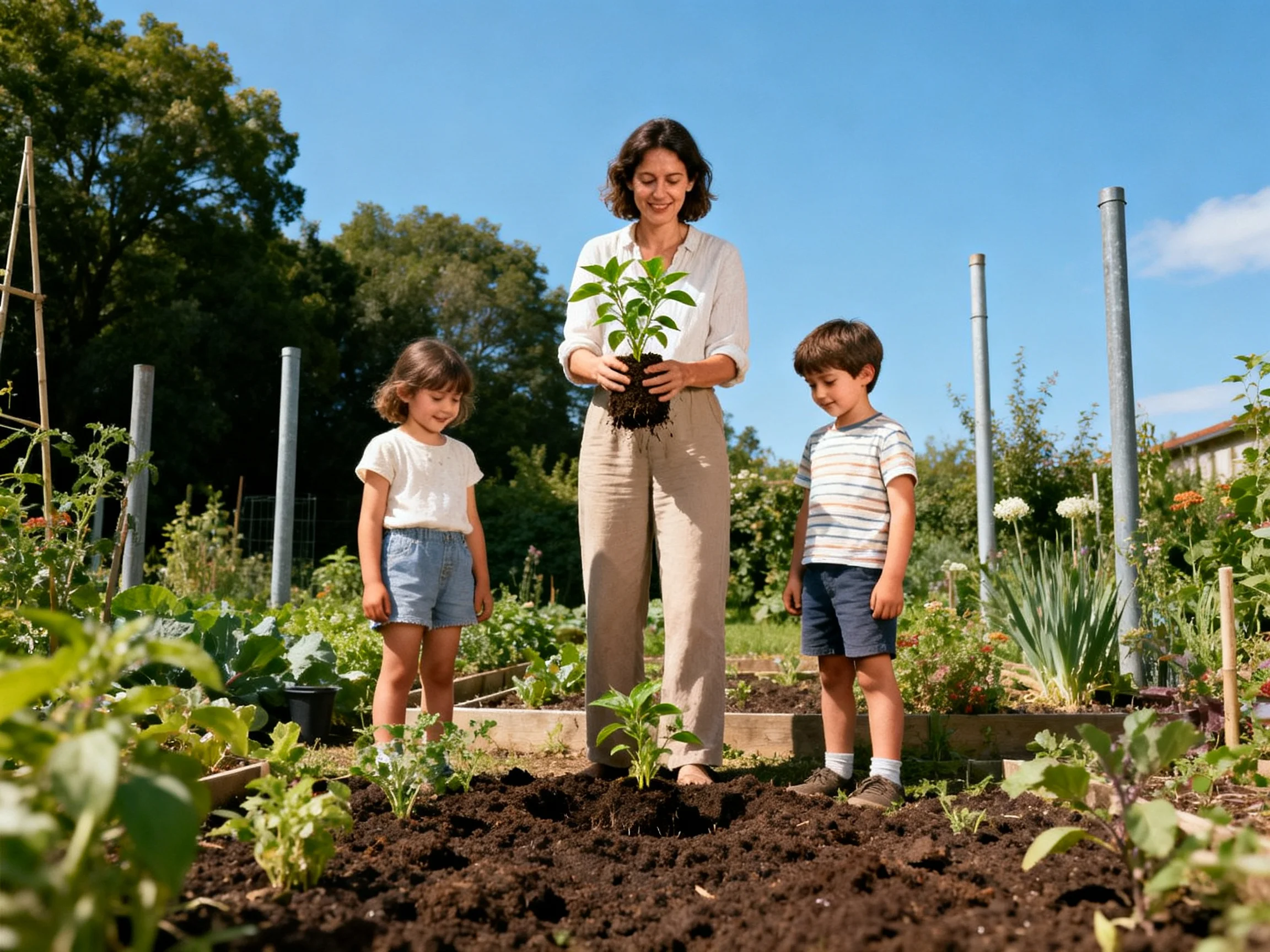 A woman holds a small green plant near two children in a sunny garden