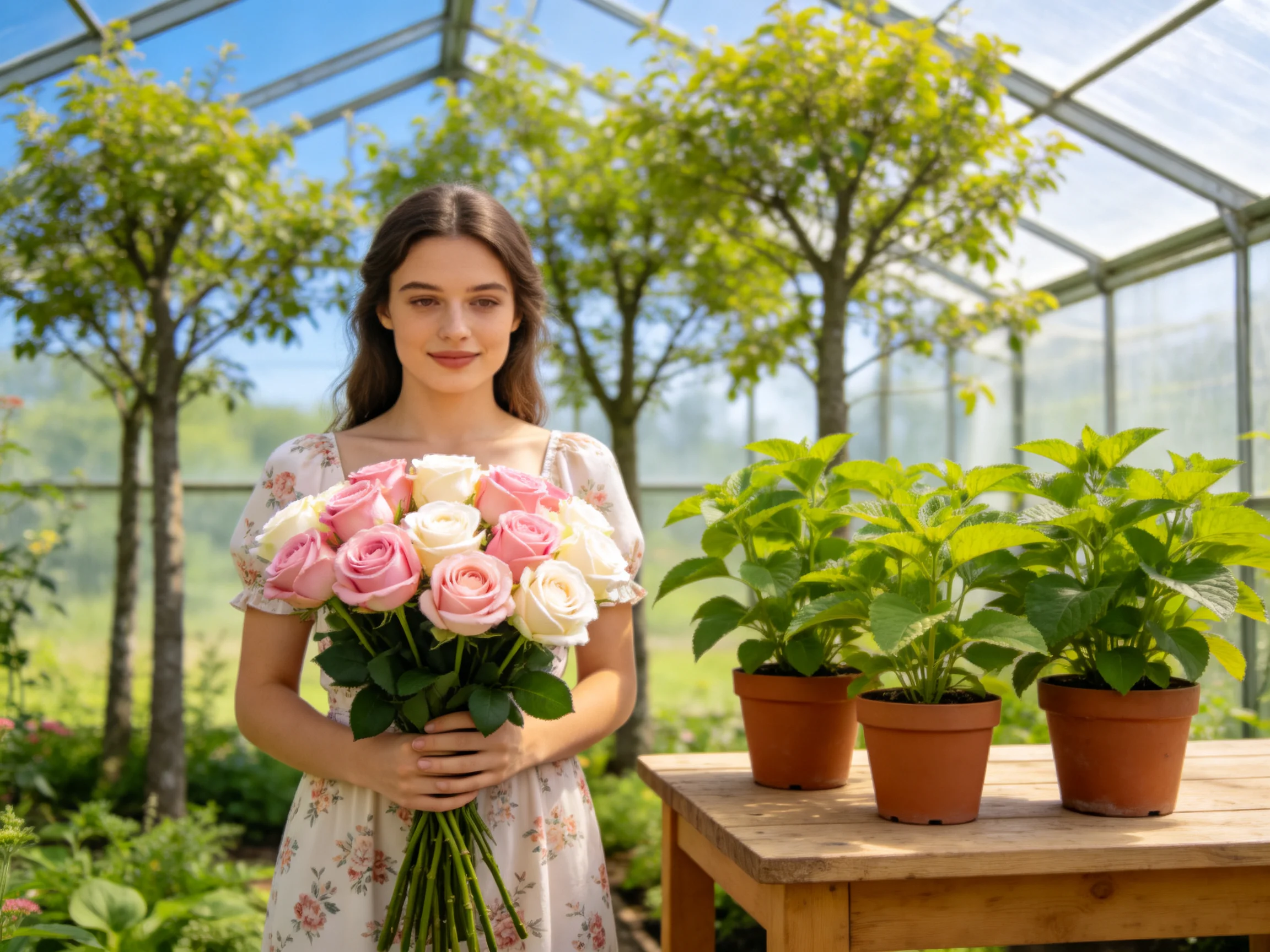 A woman holds pink and white roses near terracotta pots in a sunlit greenhouse