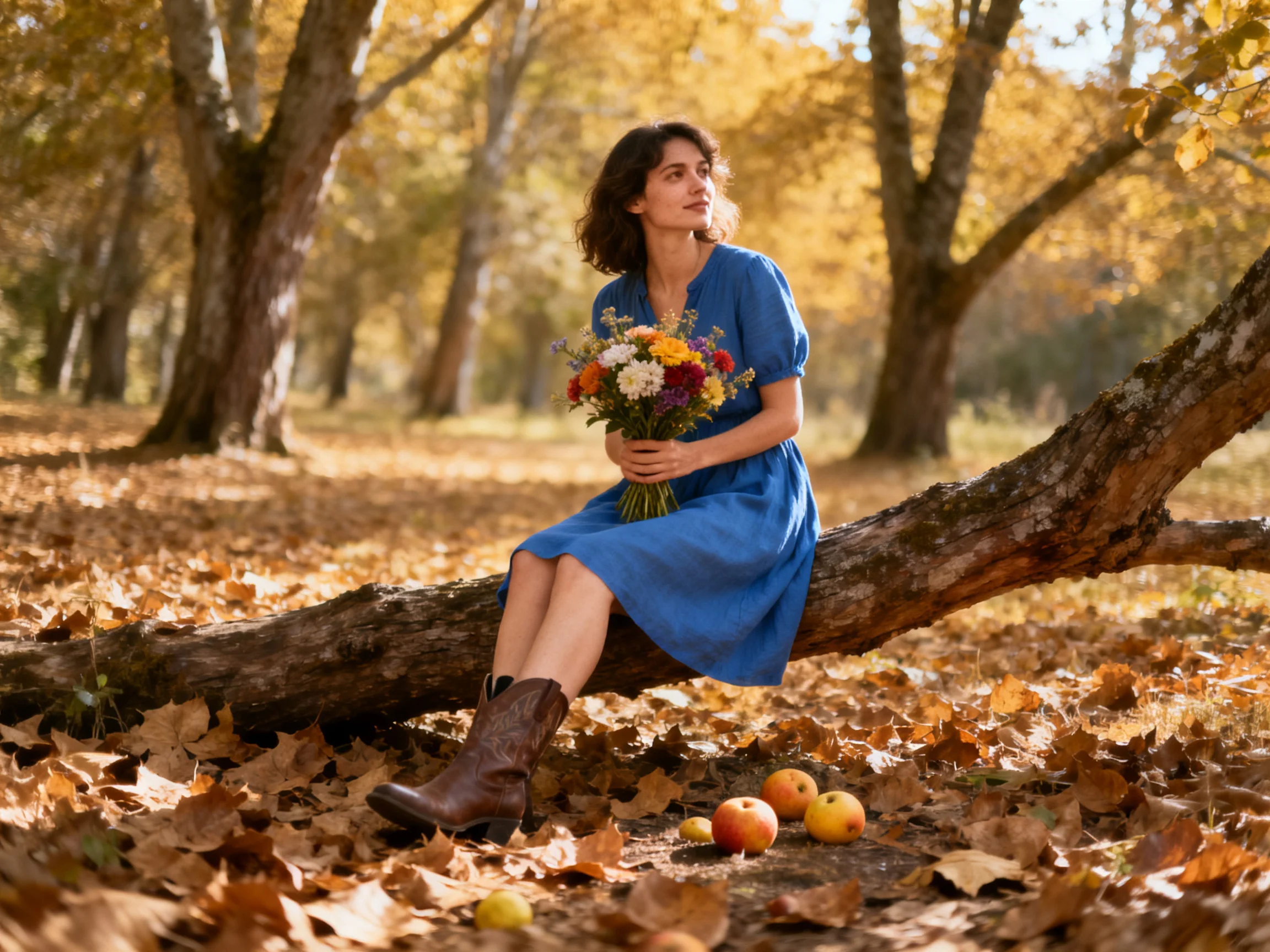 A woman in a blue dress sits on a tree branch amid autumn leaves and apples