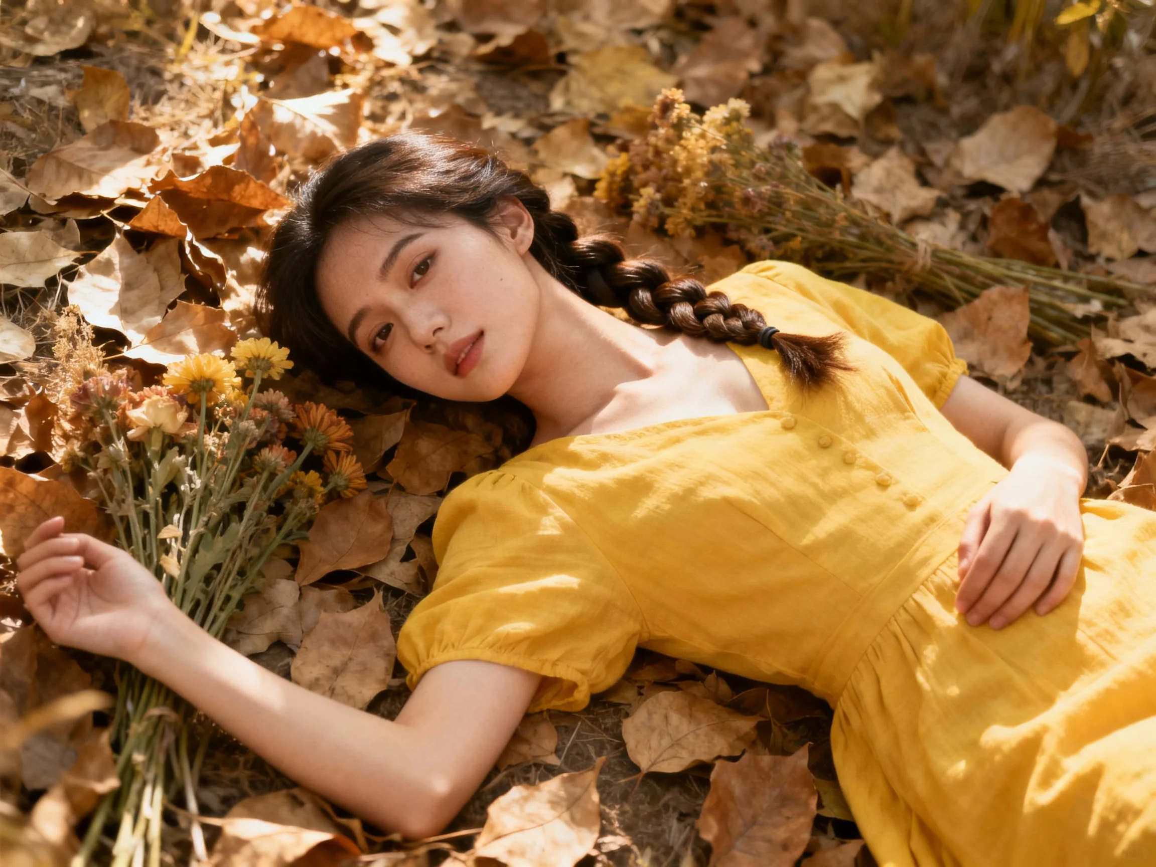 A woman in a bright yellow dress lies among autumn leaves with wildflowers