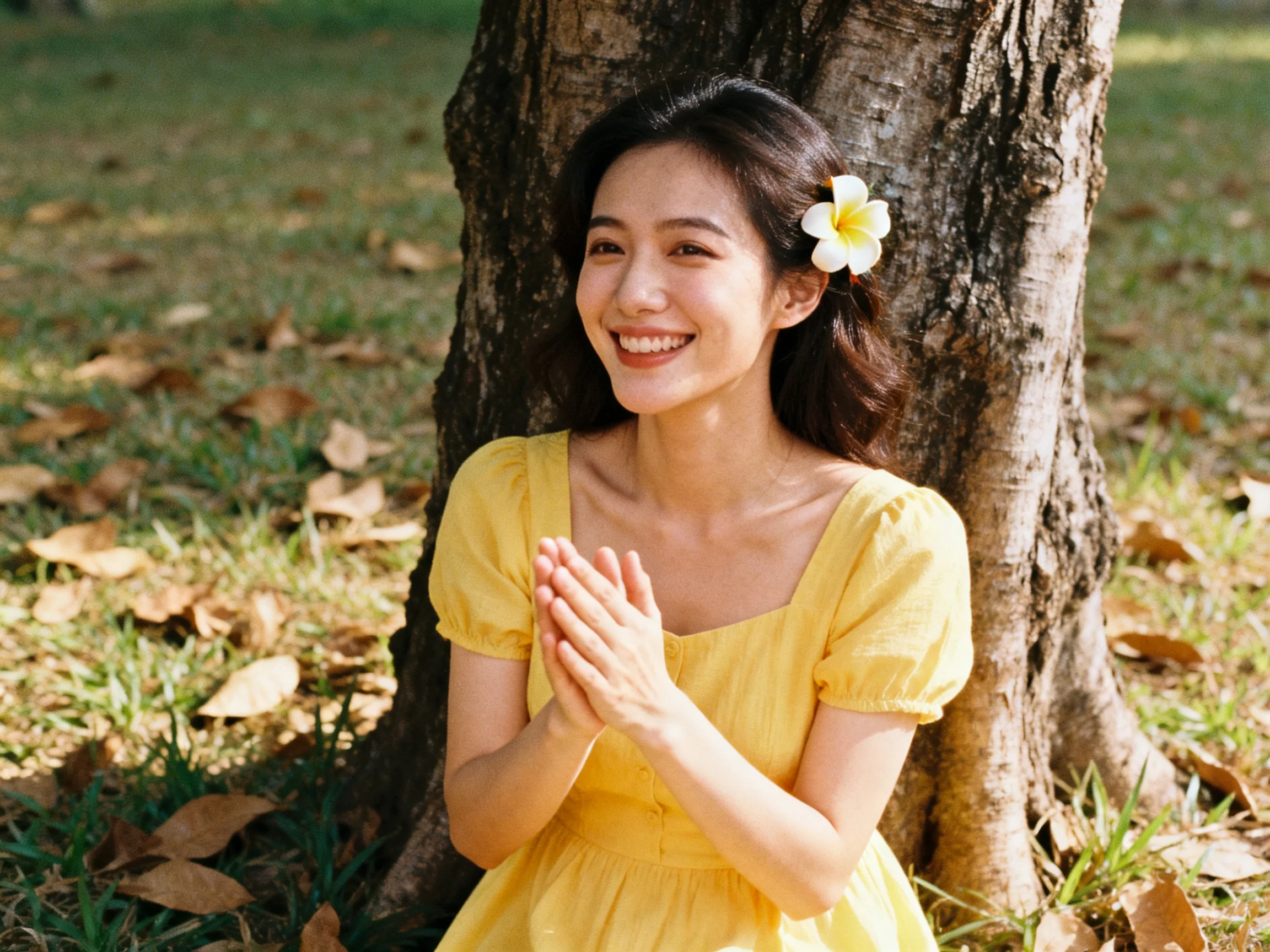 A woman in a bright yellow dress sits by a tree with a white flower