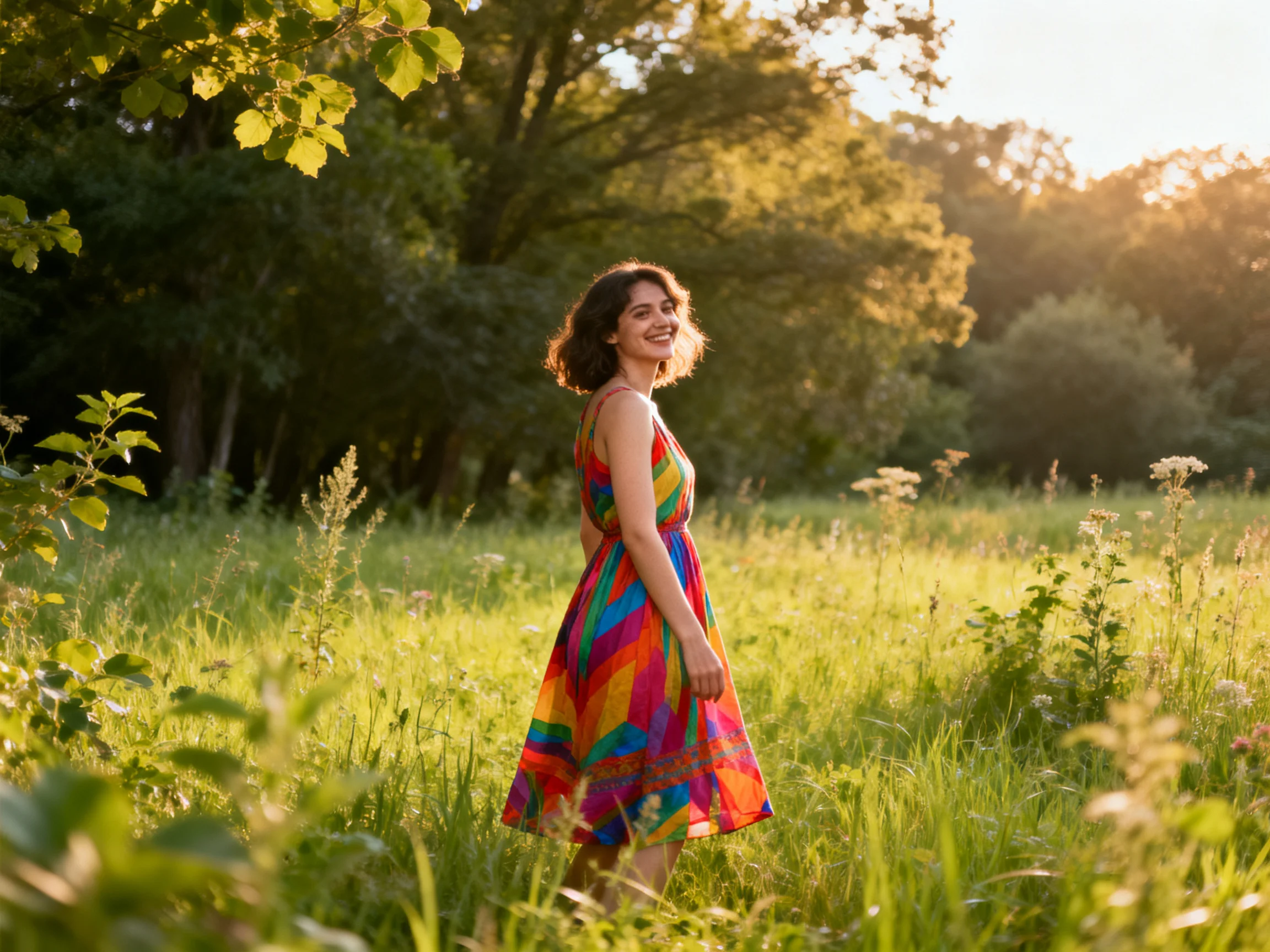 A woman in a colorful striped dress stands in a sunlit meadow with trees.