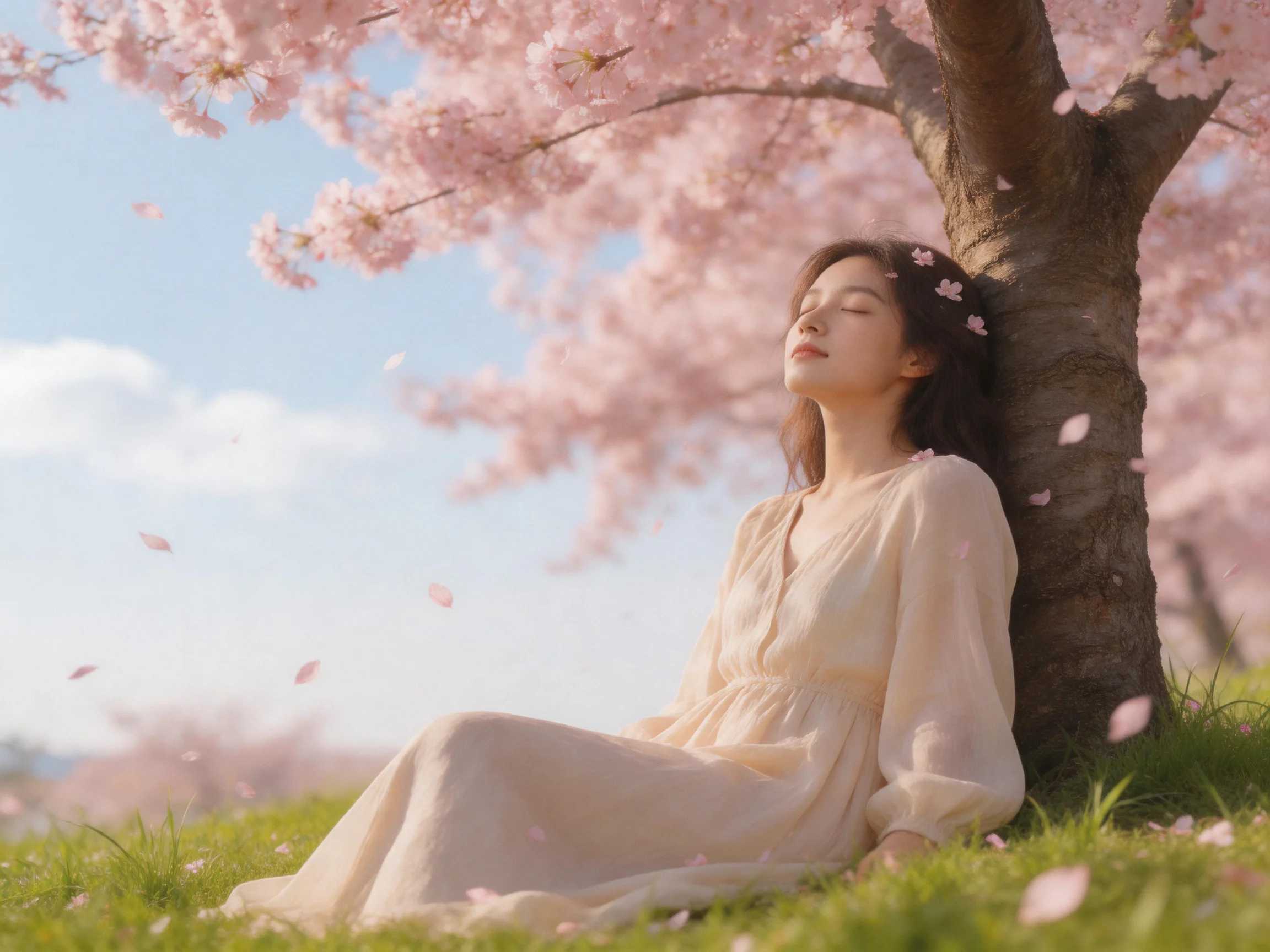A woman in a cream dress rests beneath pink cherry blossom trees